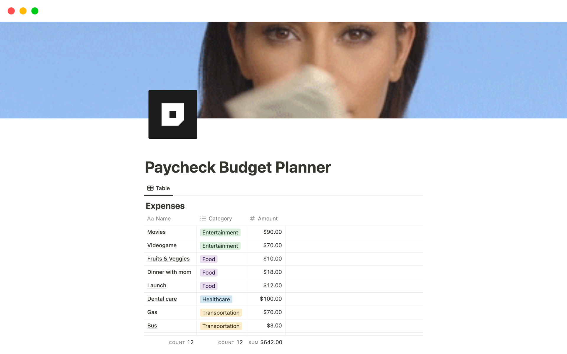 Eine Vorlagenvorschau für Notion Paycheck Budget Planner