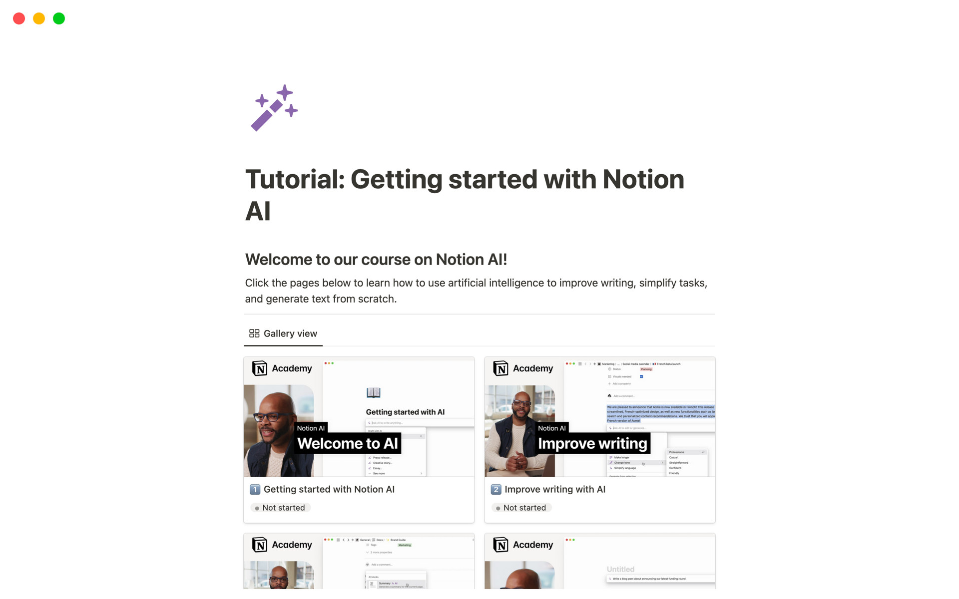 A template preview for Tutorial: Getting started with Notion AI