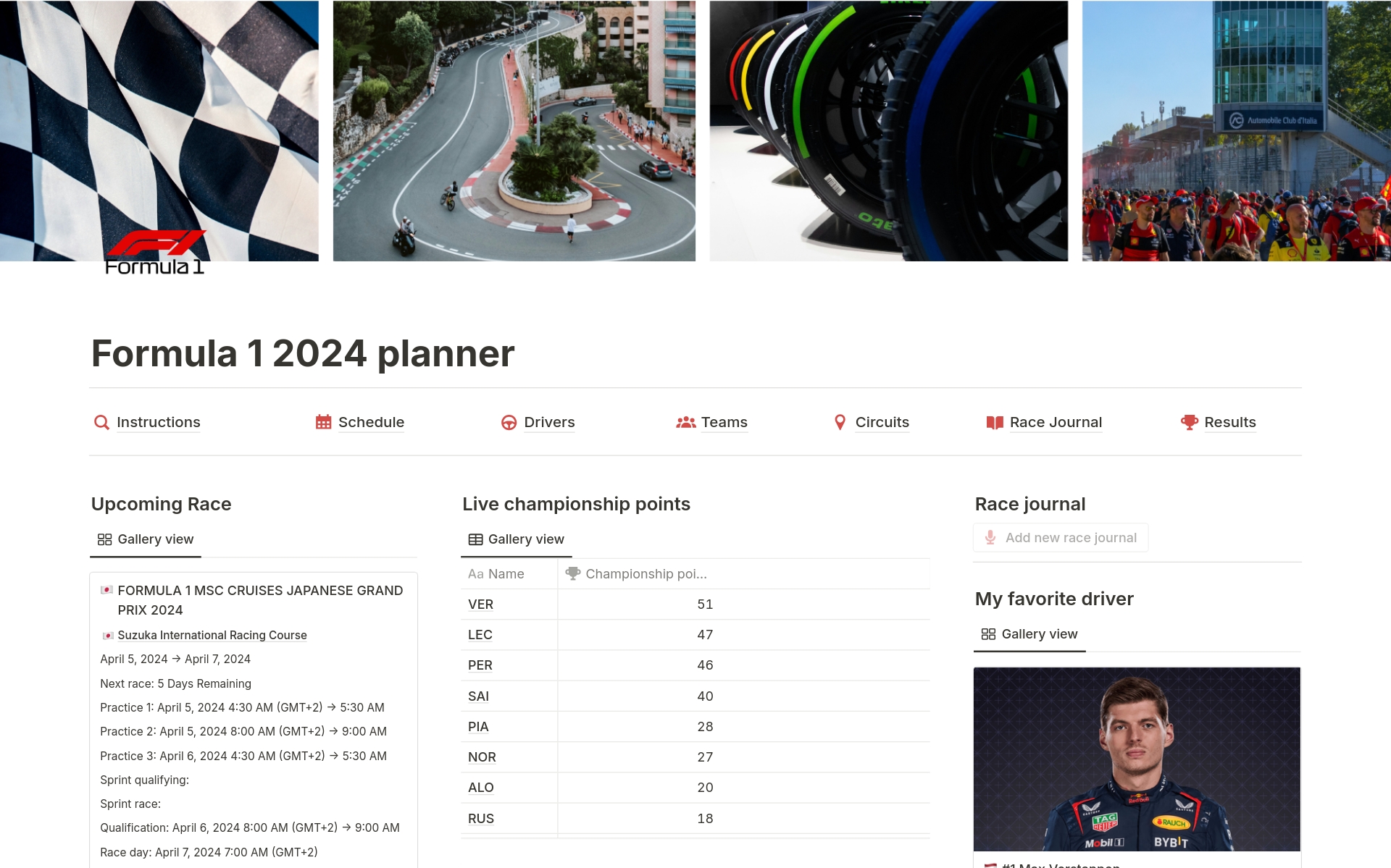 A template preview for Formula 1 2024 planner
