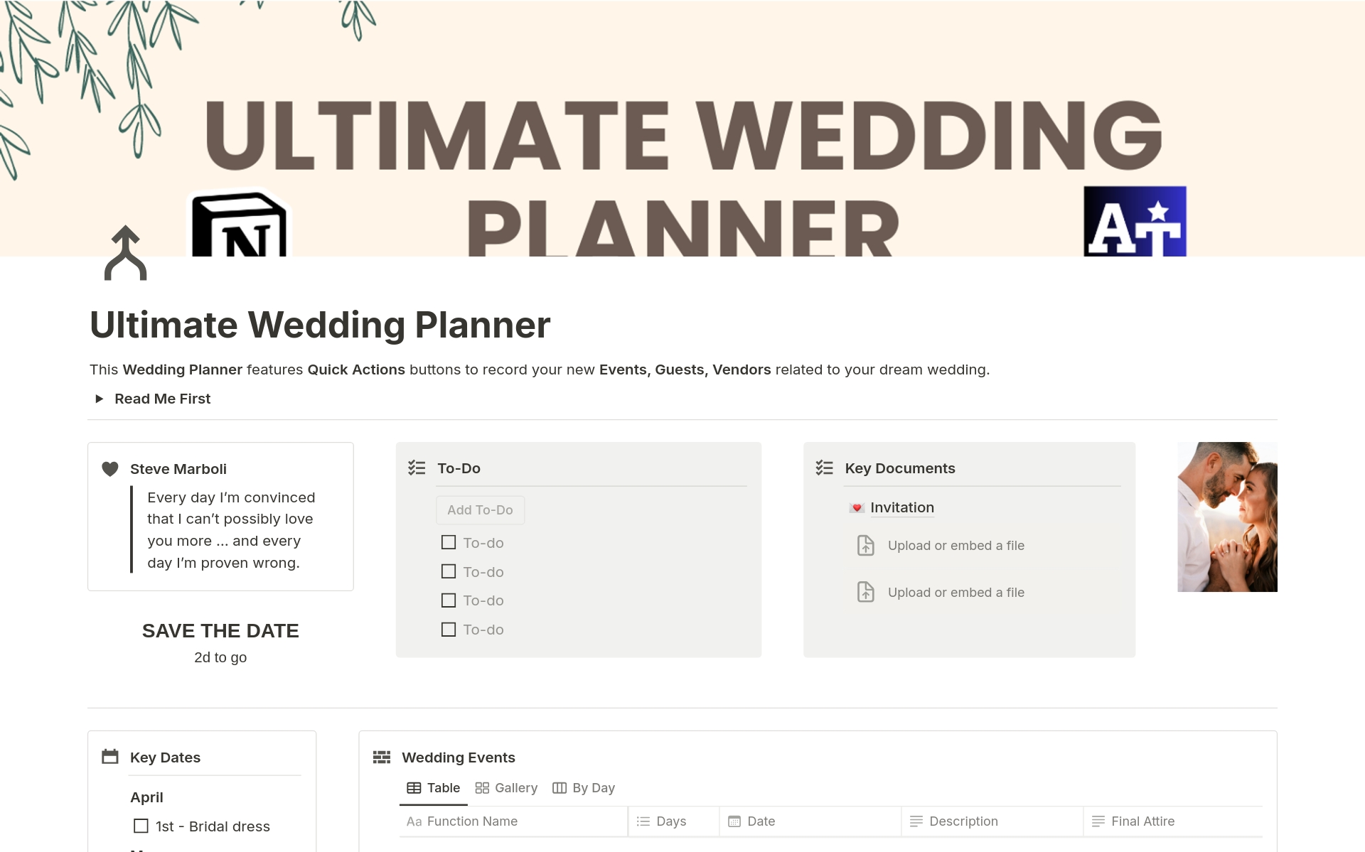 This Wedding Planner features Quick Actions buttons to record your new Events, Guests, and Vendors related to your dream wedding.