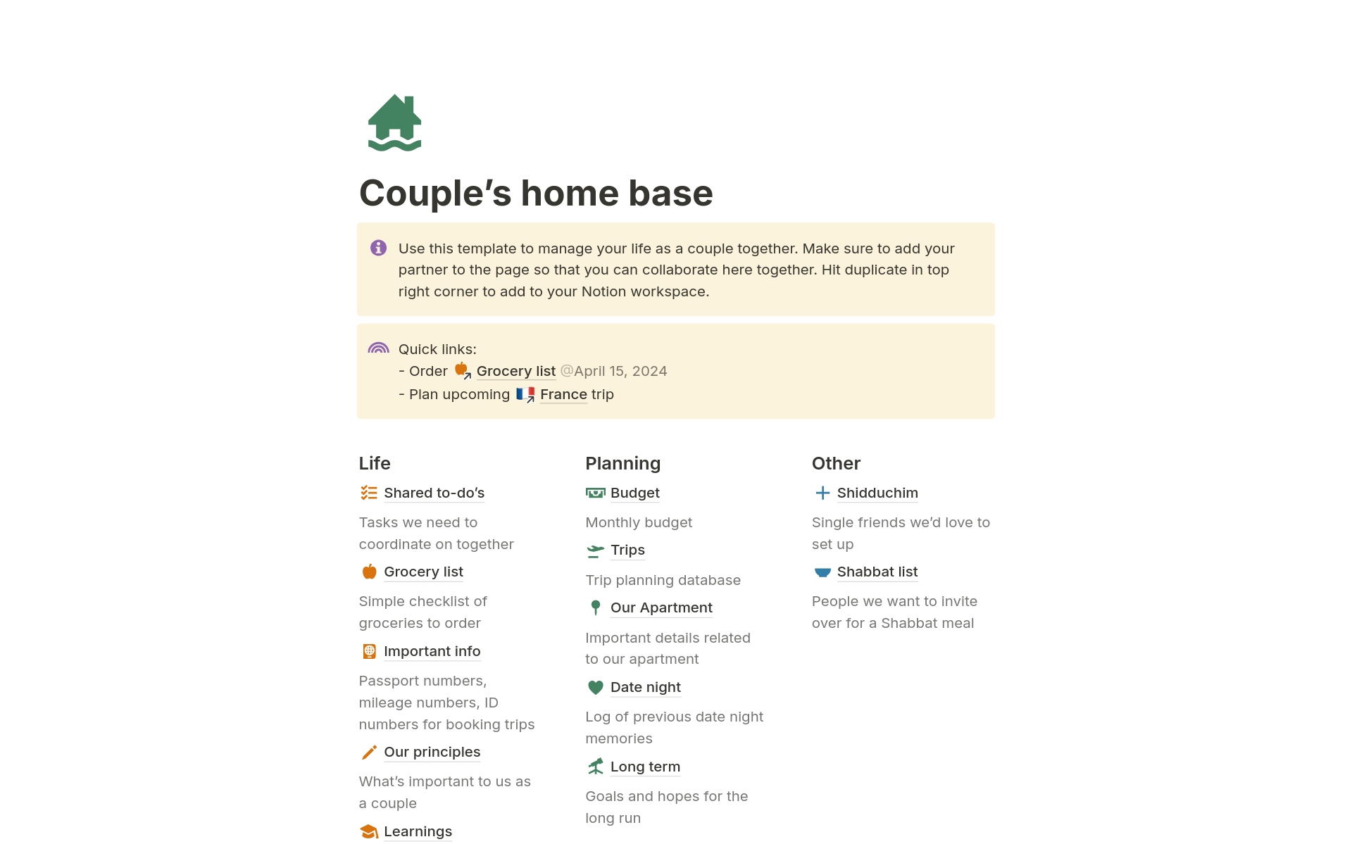 Eine Vorlagenvorschau für Couple's home base