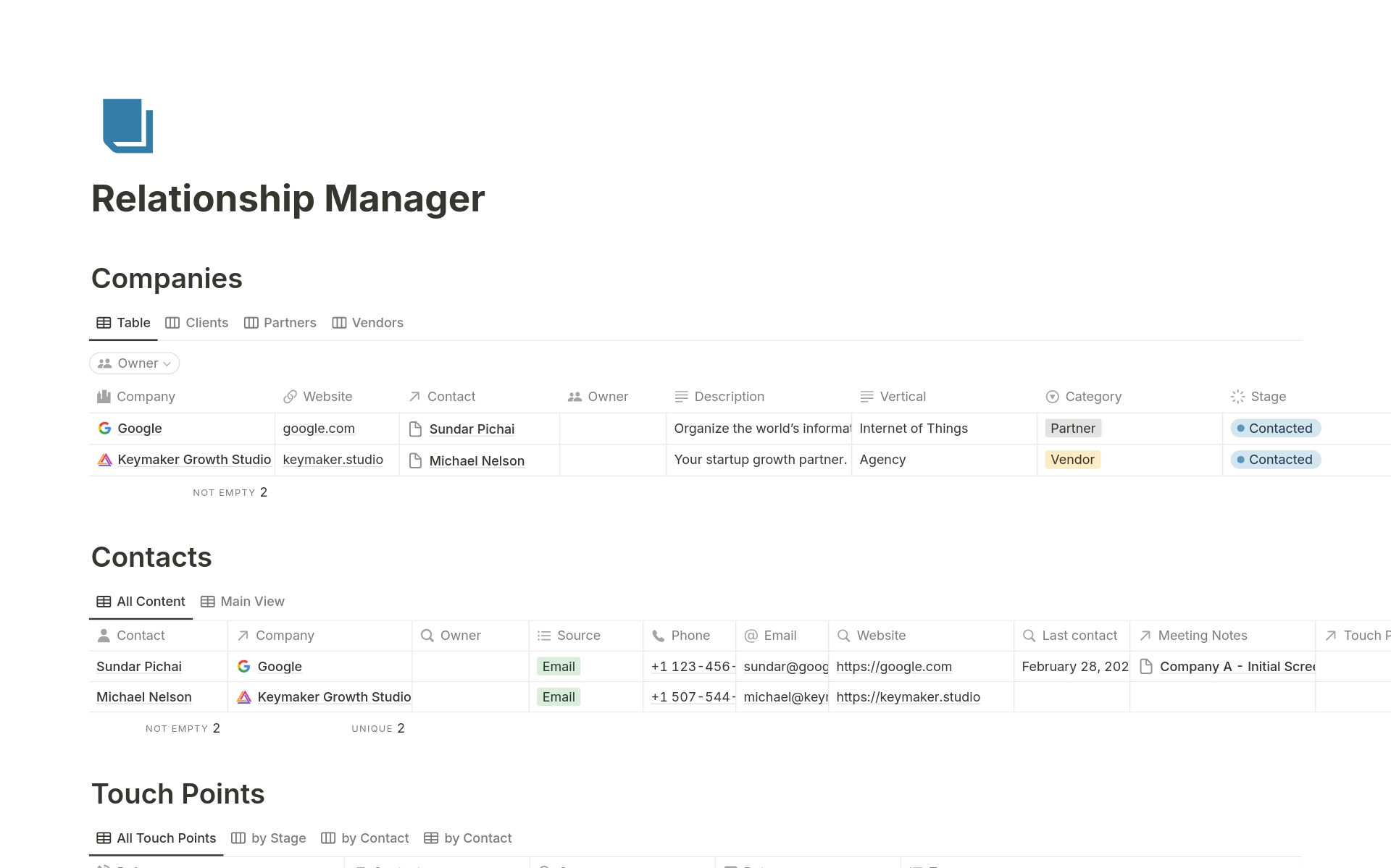 A template preview for Relationship Management Database