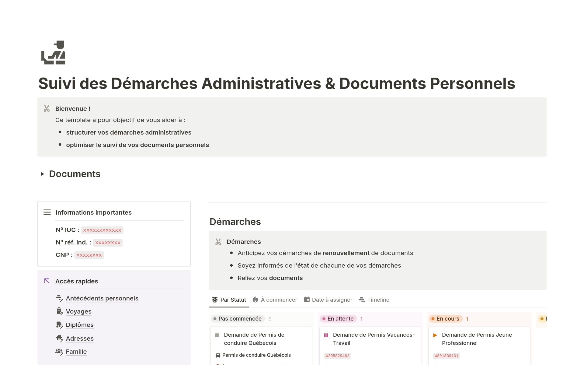 Aperçu du modèle de Démarches Administratives & Documents Personnels