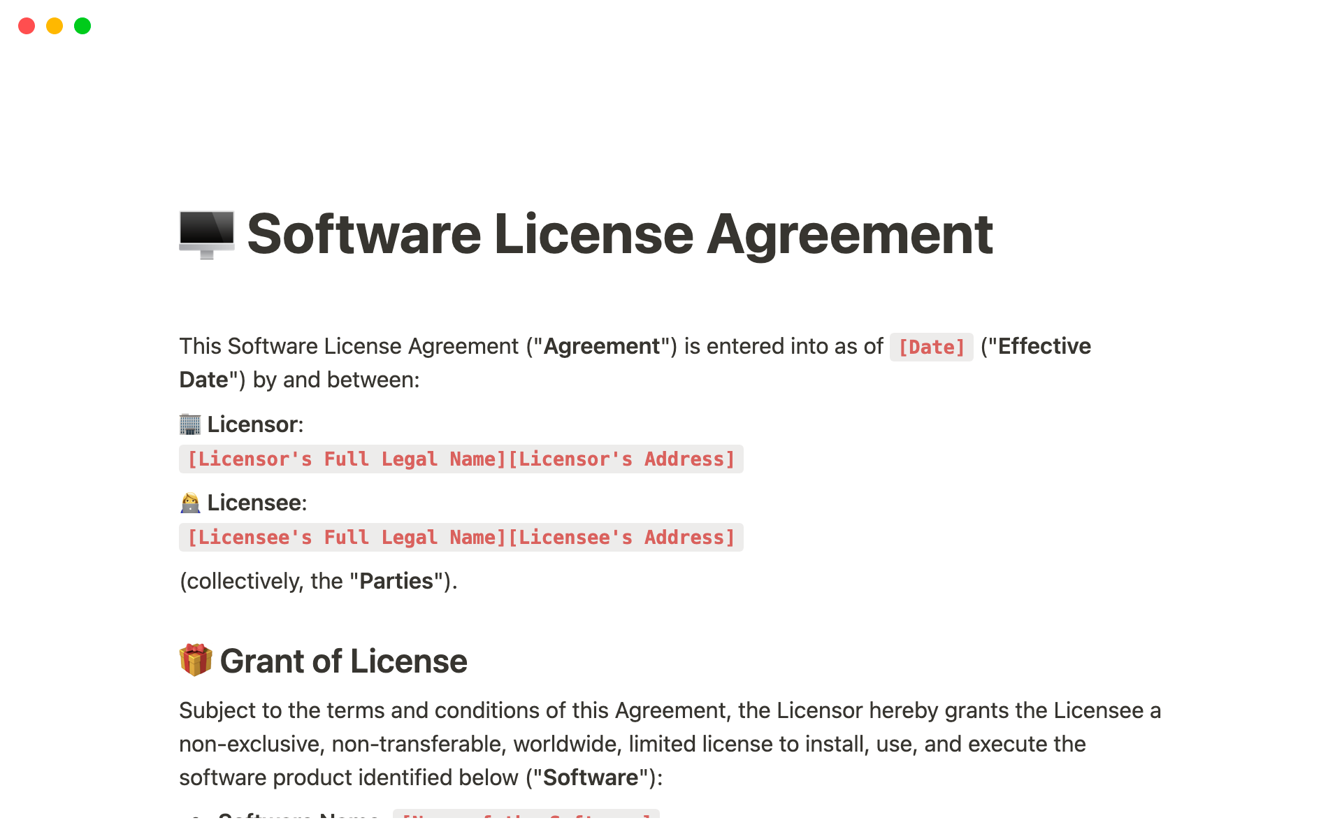 A template preview for Software License Agreement