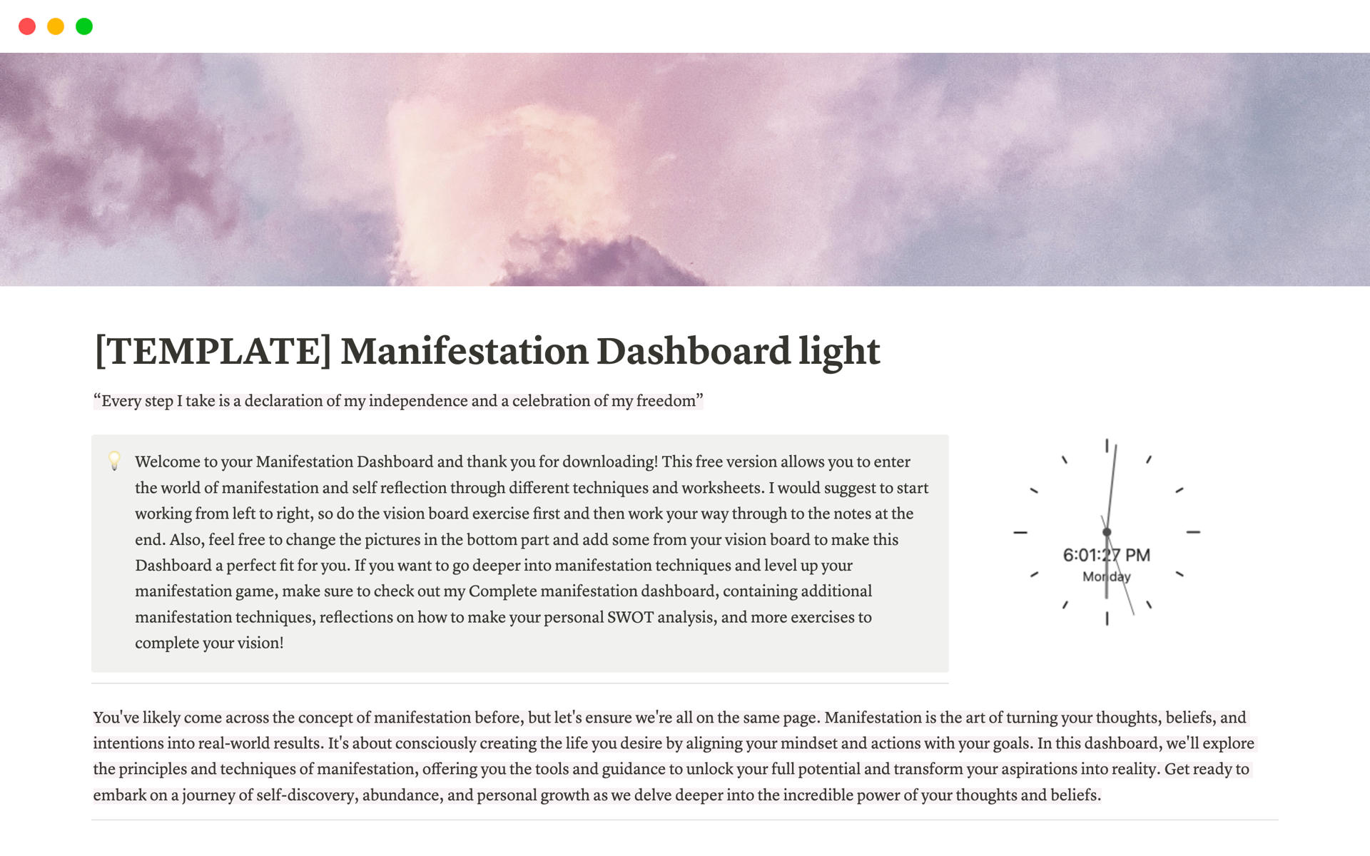 A template preview for Manifestation Dashboard light