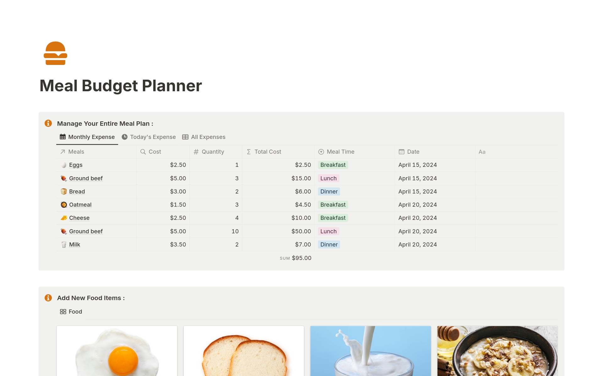 A template preview for Meal Budget Planner