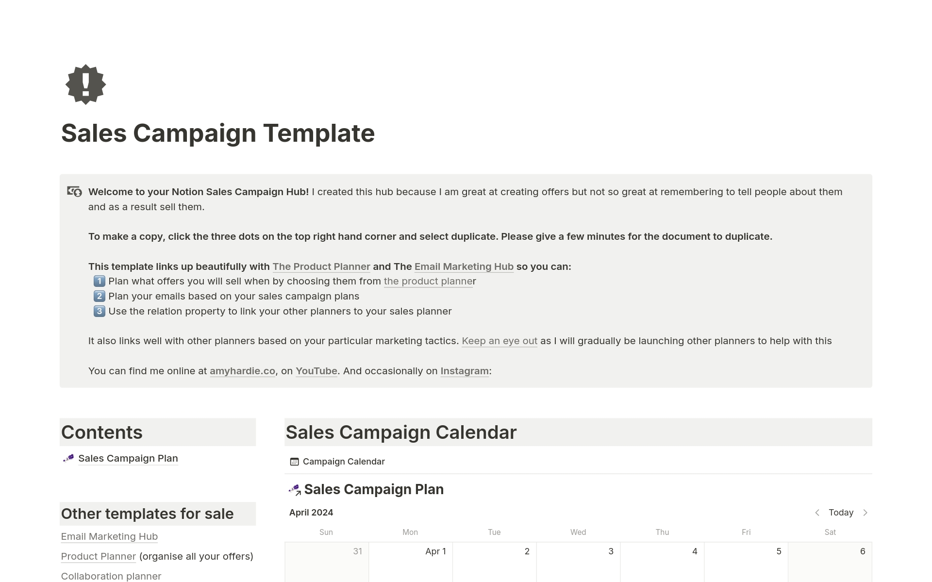 This template allows online business owners to plan out their business focus calendar.