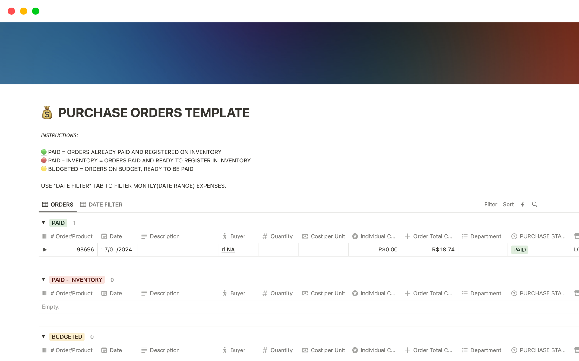 A template preview for PURCHASE ORDERS / BUY ORDERS