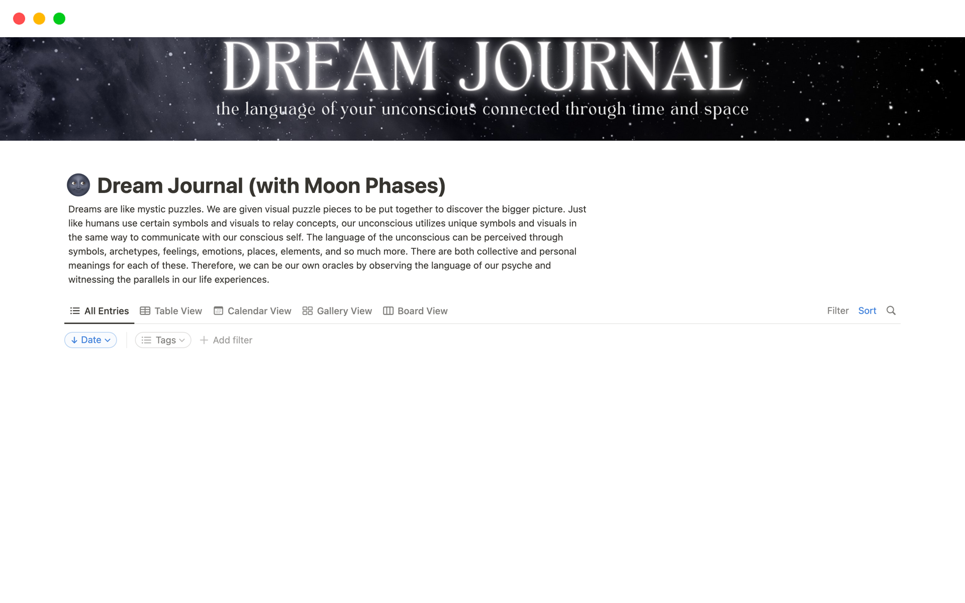 A template preview for Dream Journal (with Moon Phases)