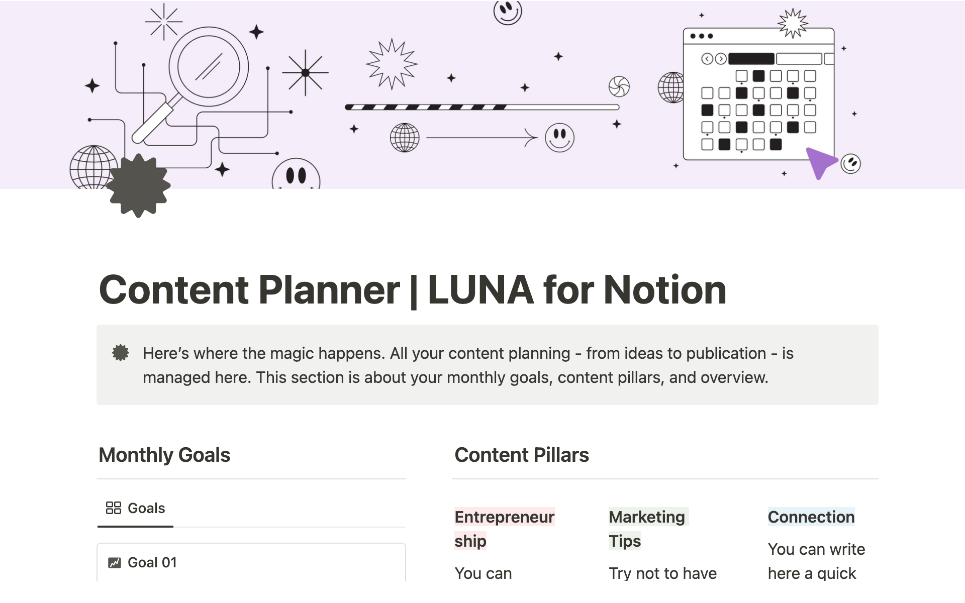 Uma prévia do modelo para Content Planner