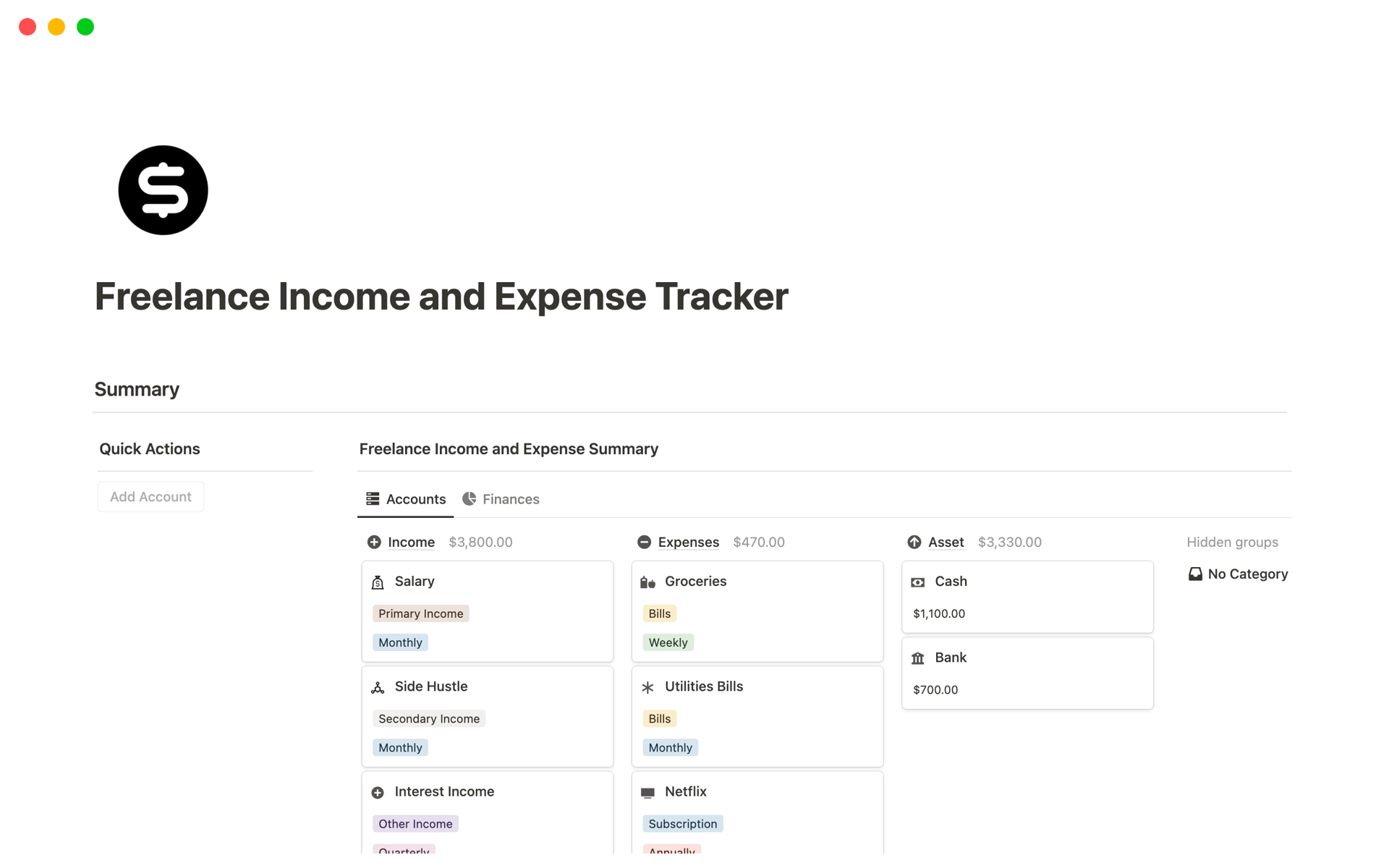 This tracker is specifically designed for freelancers, it tracks income, business expenses, and taxes to simplify financial management for self-employed individuals.