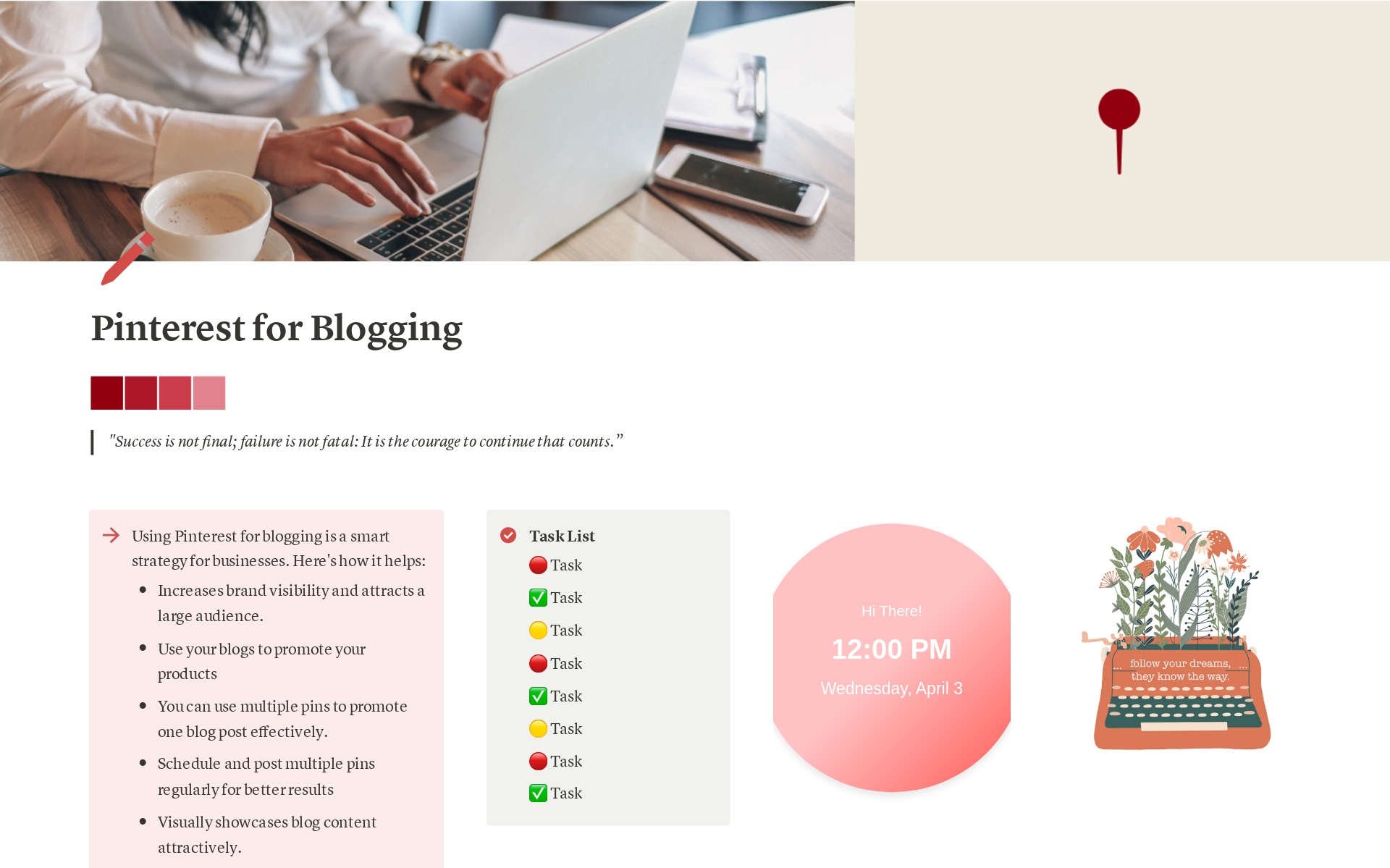 Eine Vorlagenvorschau für Pinterest for Blogging Planner