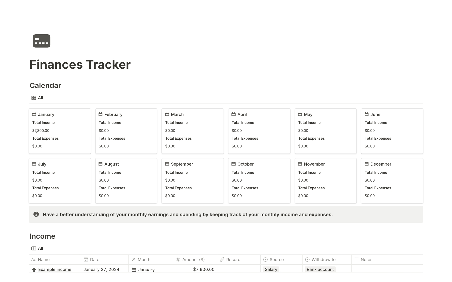 Understand your finances better with Notion Finances Tracker.
