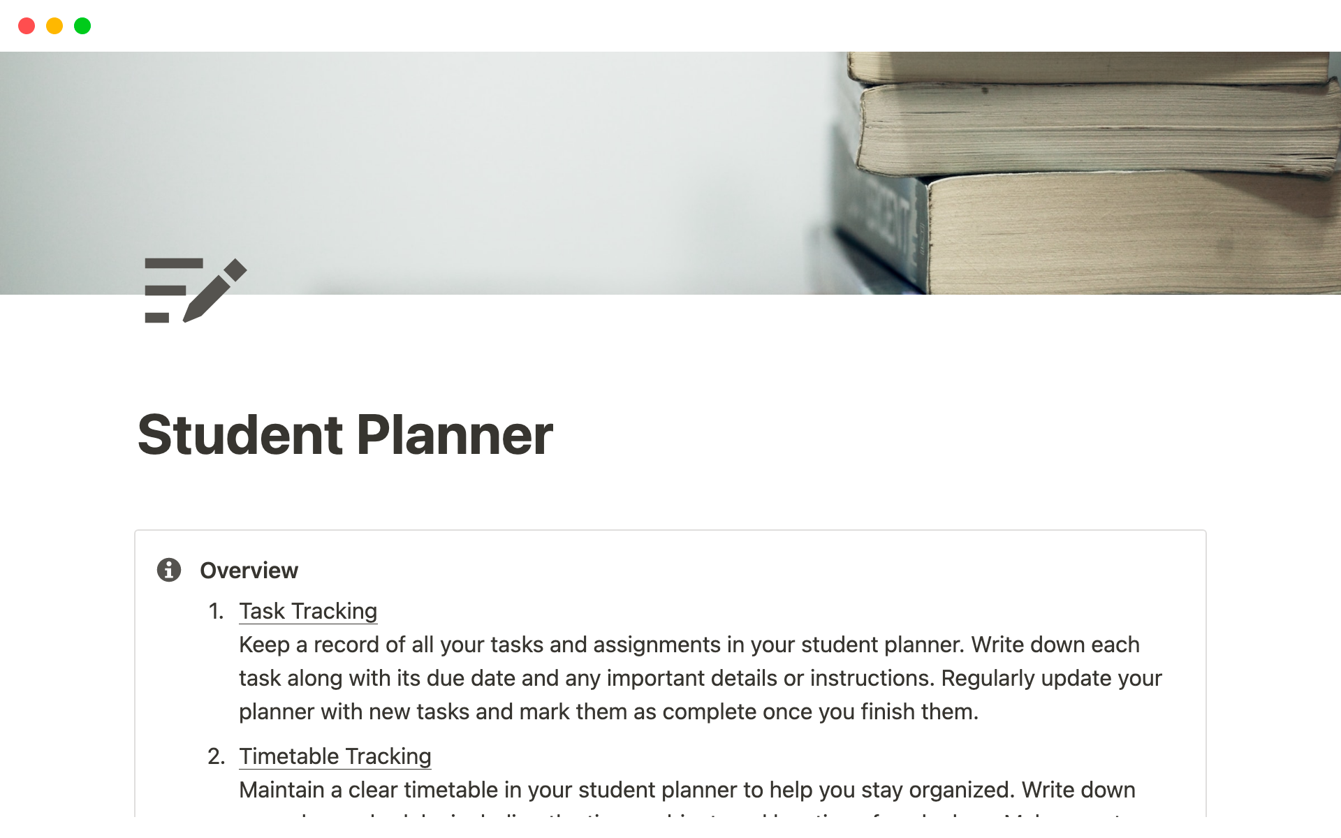 Uma prévia do modelo para Student Planner