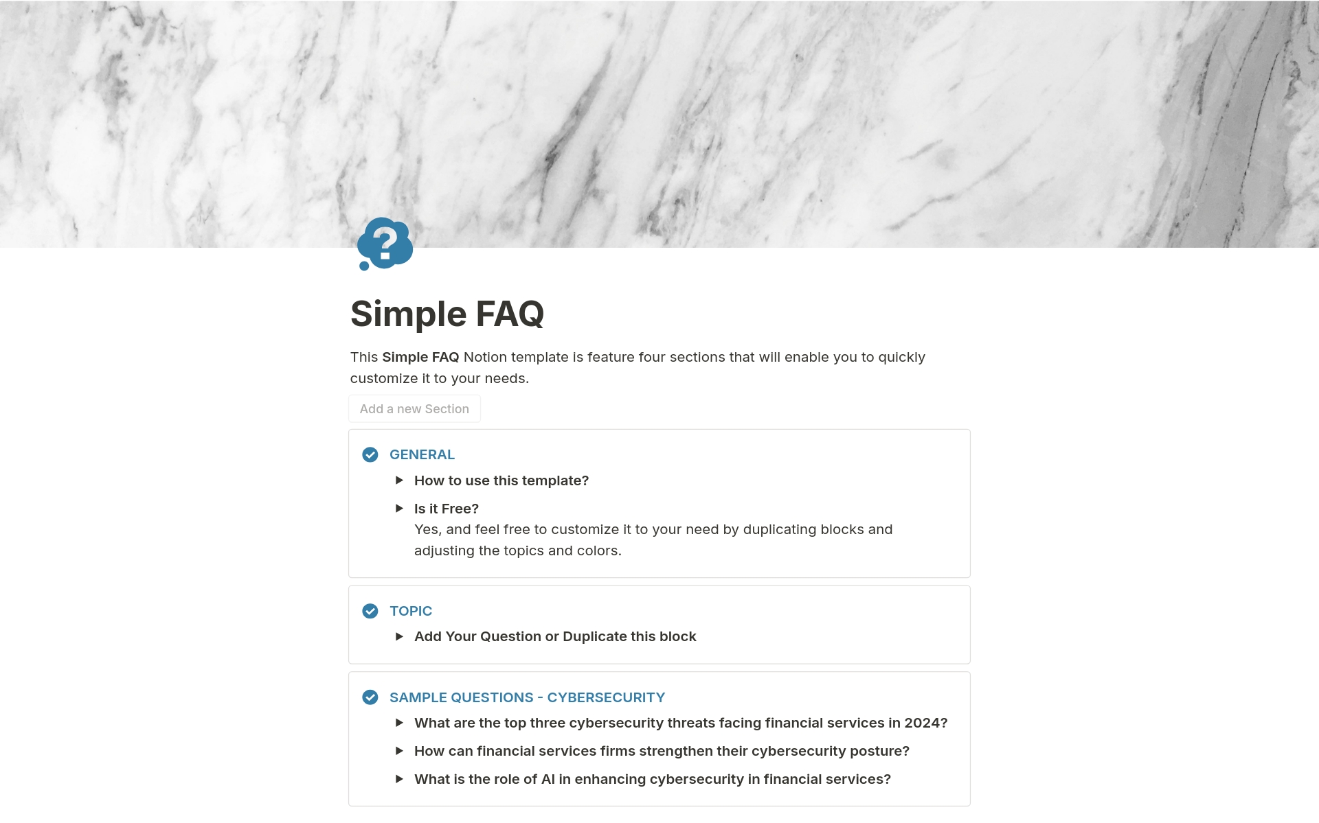 A template preview for Simple FAQ