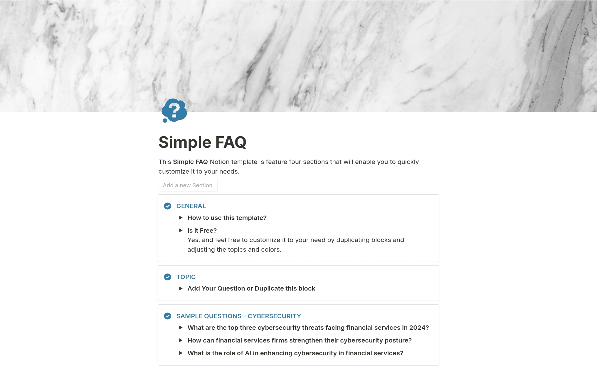 Uma prévia do modelo para Simple FAQ