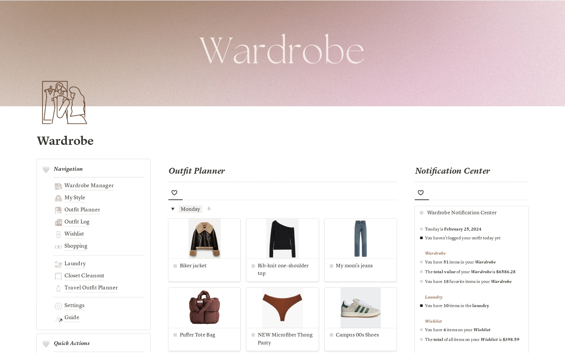 This template turns your wardrobe into an organized hub, letting you track every style aspect from detailed clothing databases to laundry, ensuring stylish efficiency.