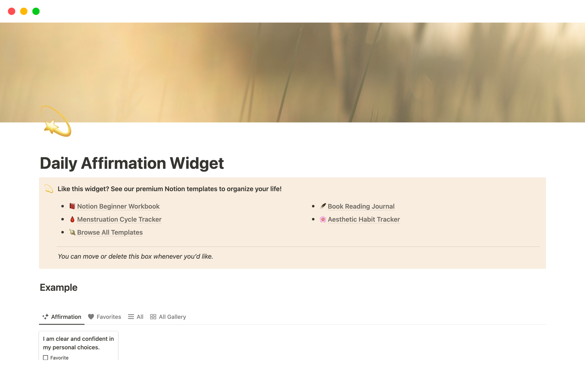 Vista previa de una plantilla para Daily Affirmation Widget