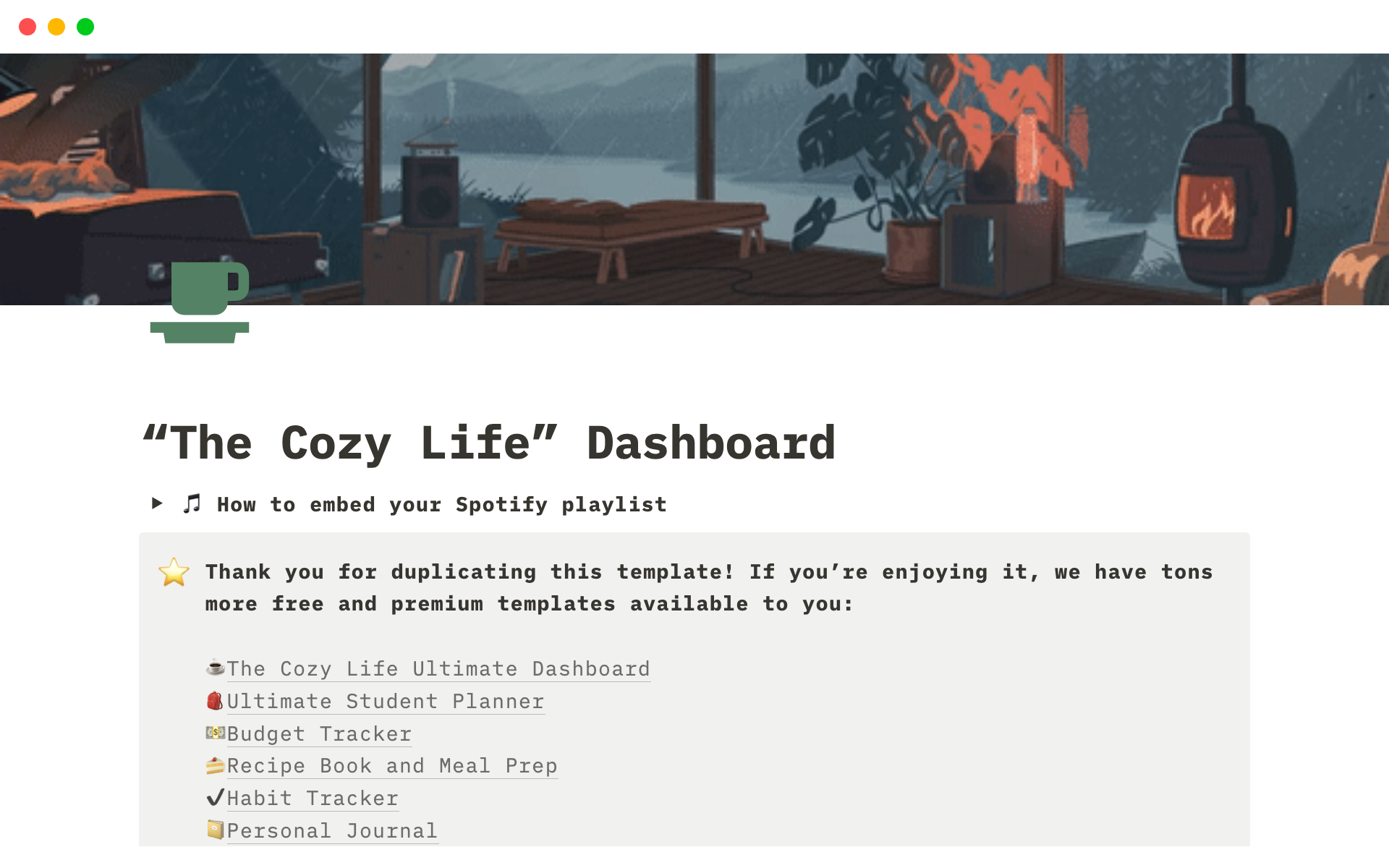 Vista previa de plantilla para The Cozy Life Dashboard