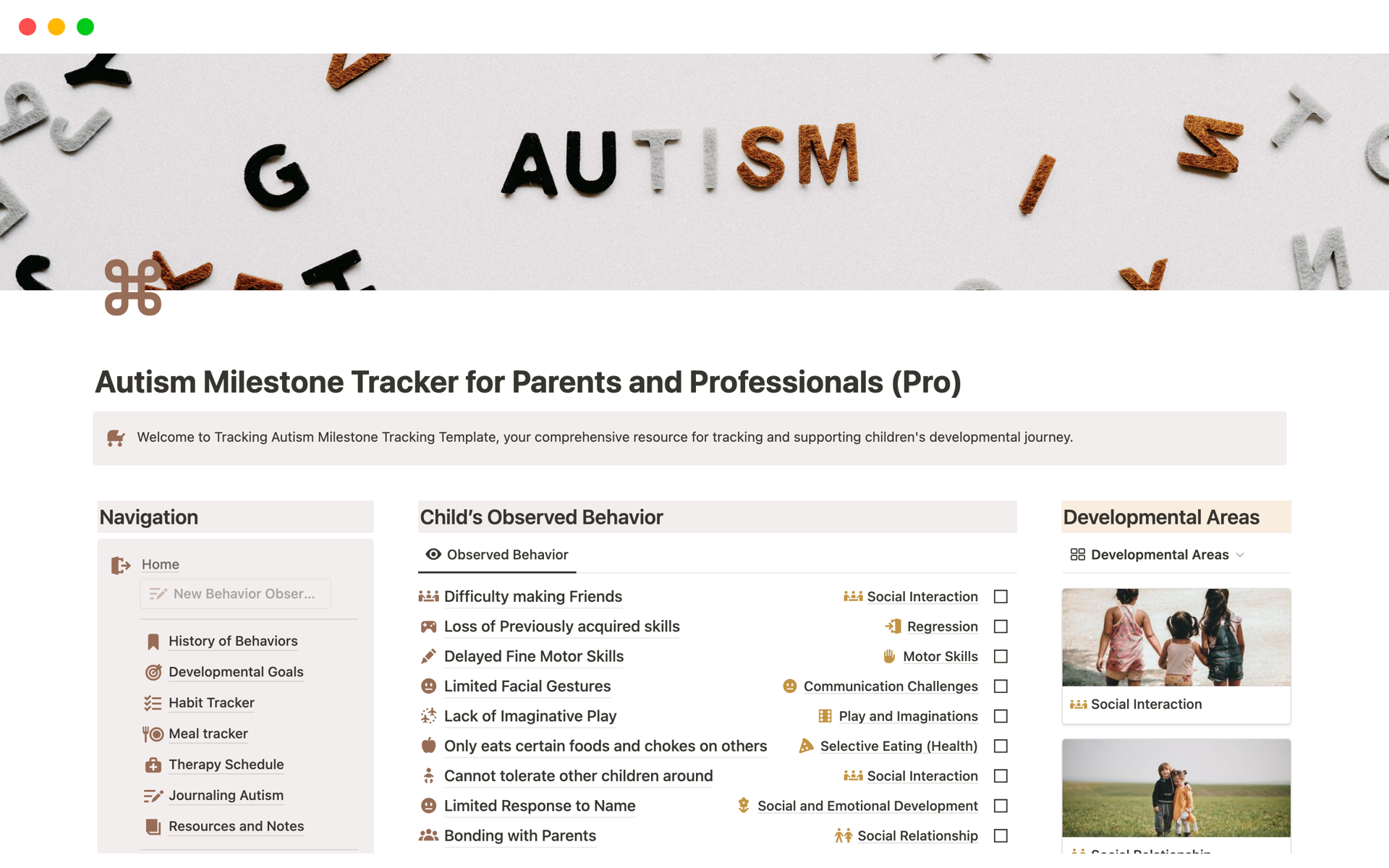An Autism Milestone Tracking Template for Parents and Professionals to track, maintain and document the developmental journey of an autistic child. 