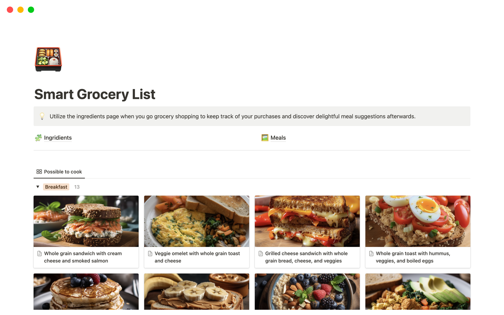 A template preview for Smart Grocery List
