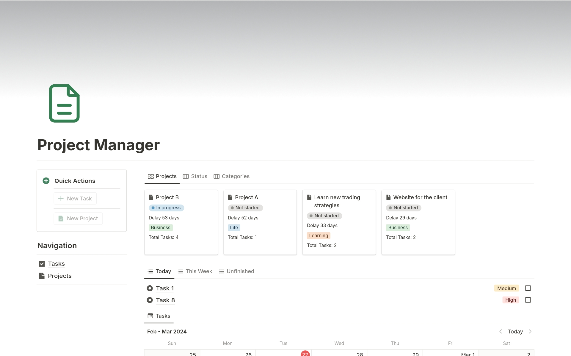 Vista previa de plantilla para Project Manager