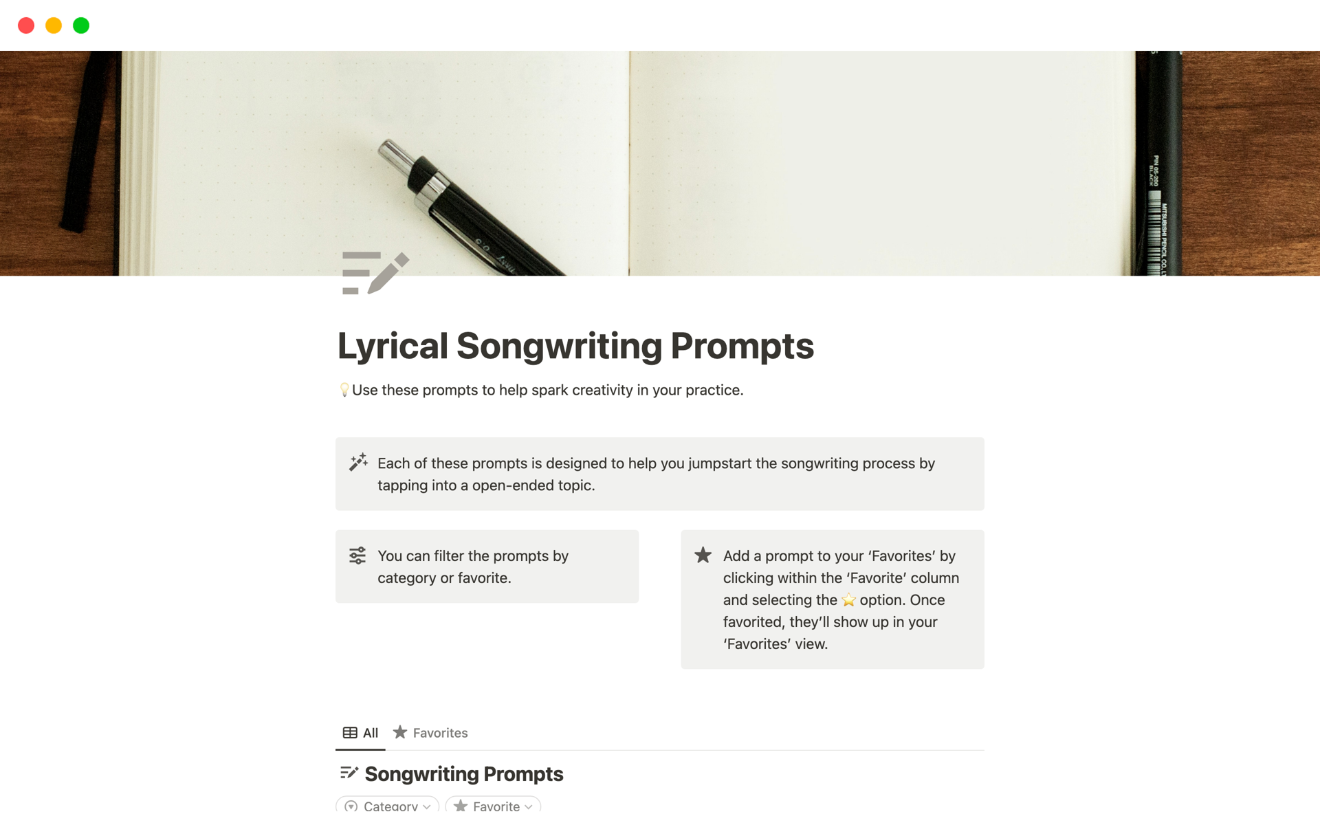 A template preview for Lyrical Songwriting Prompts
