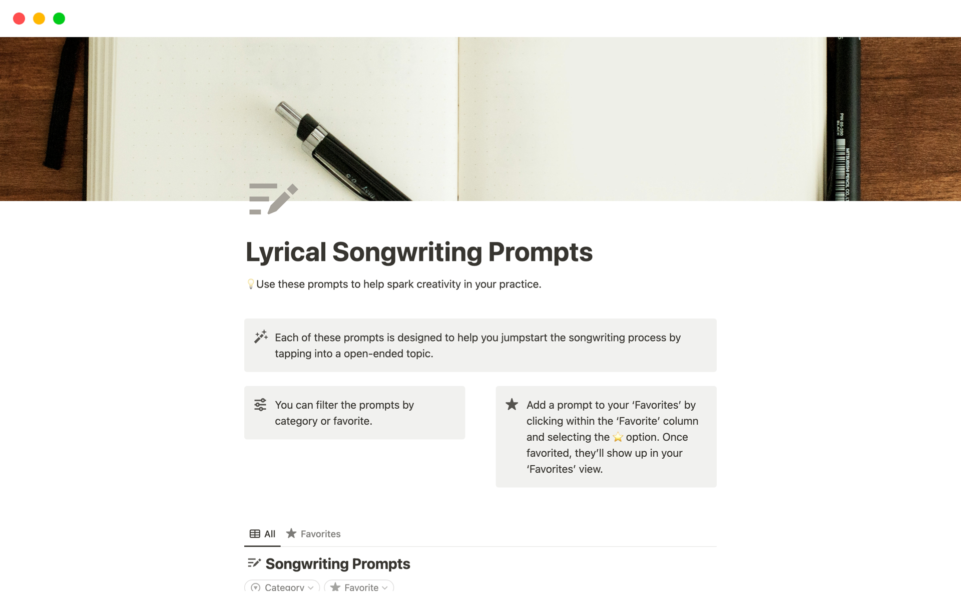 En forhåndsvisning av mal for Lyrical Songwriting Prompts