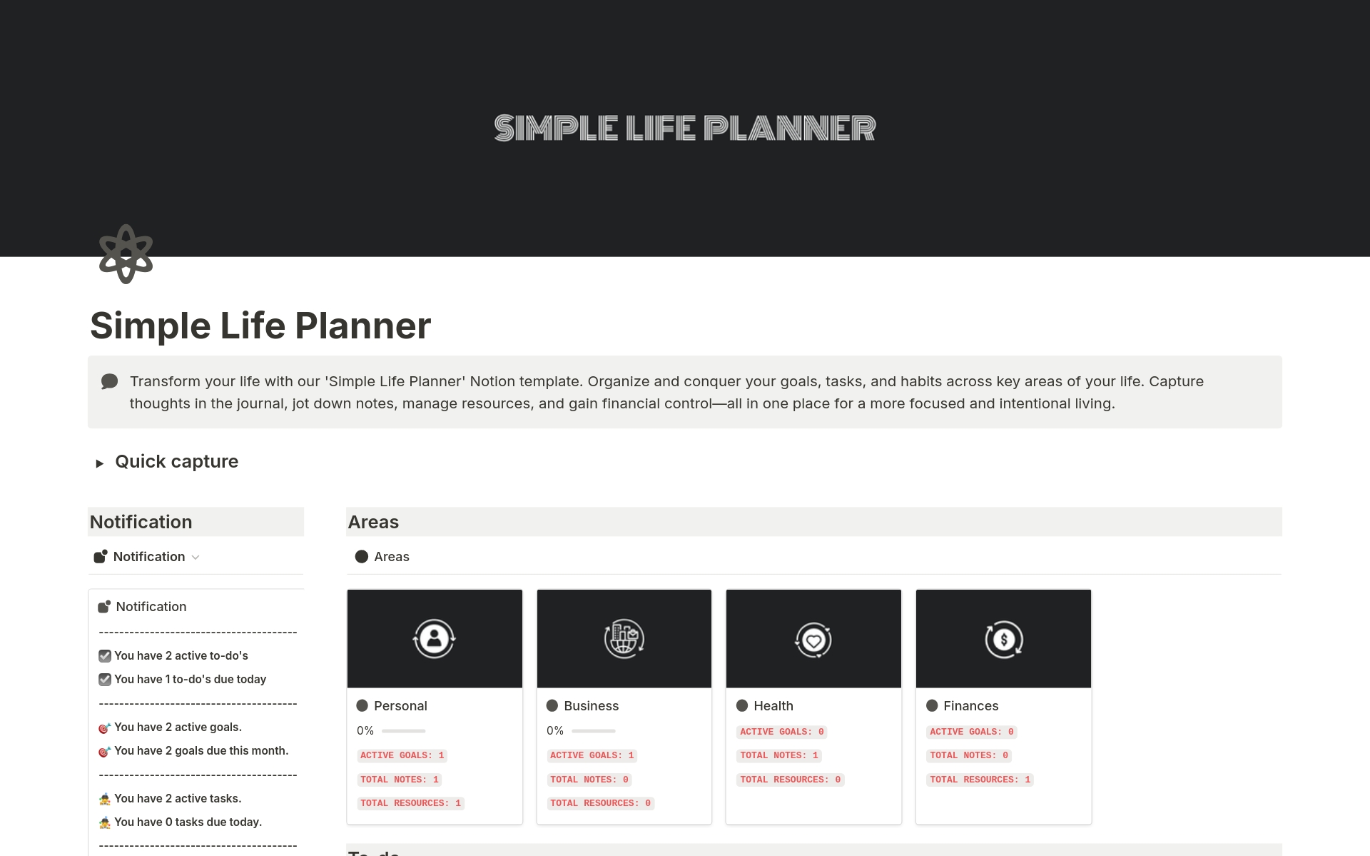 A template preview for Simple life planner
