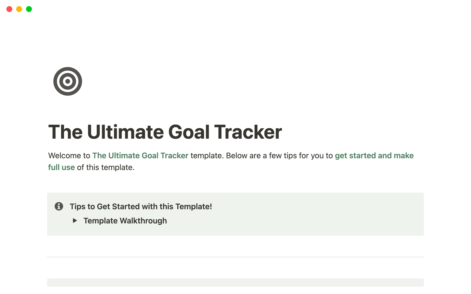 En forhåndsvisning av mal for The Ultimate Goal Tracker