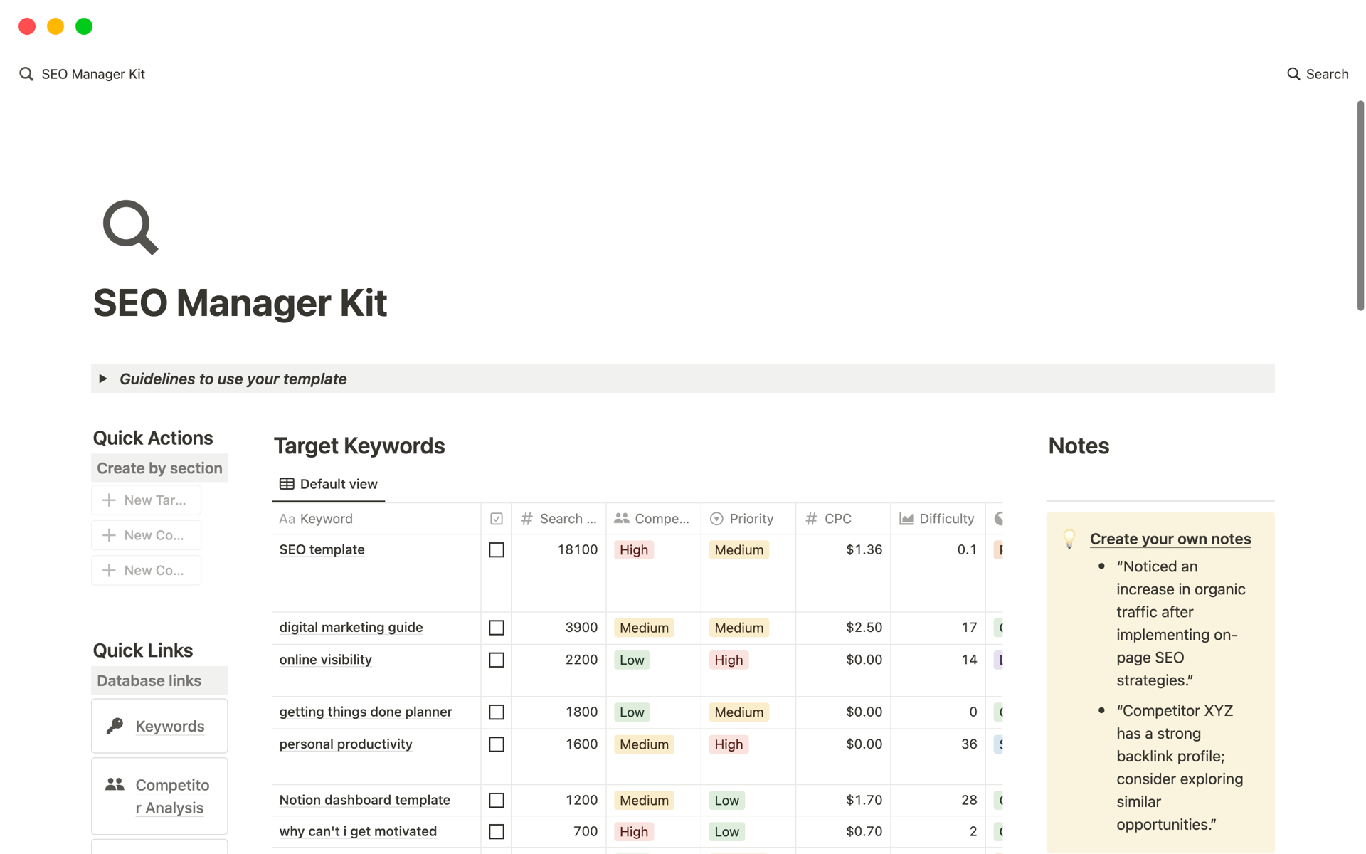 A template preview for SEO Manager Kit