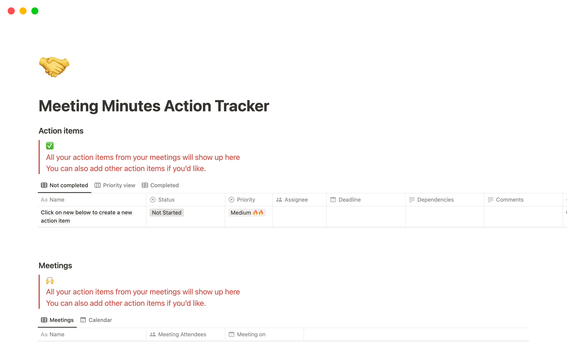 En förhandsgranskning av mallen för Meeting Minutes Action Tracker