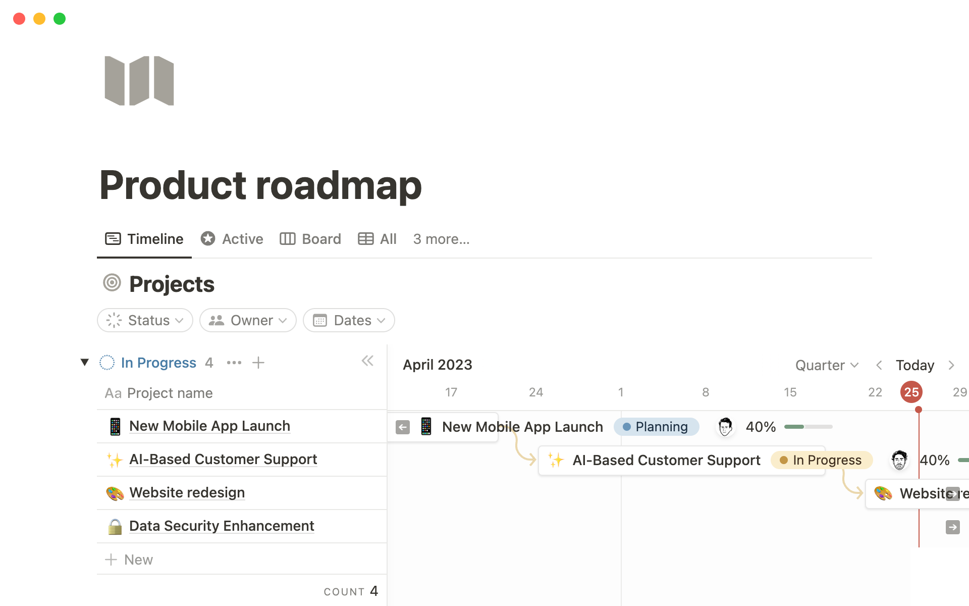 Vista previa de plantilla para Product roadmap (w/ Notion AI)