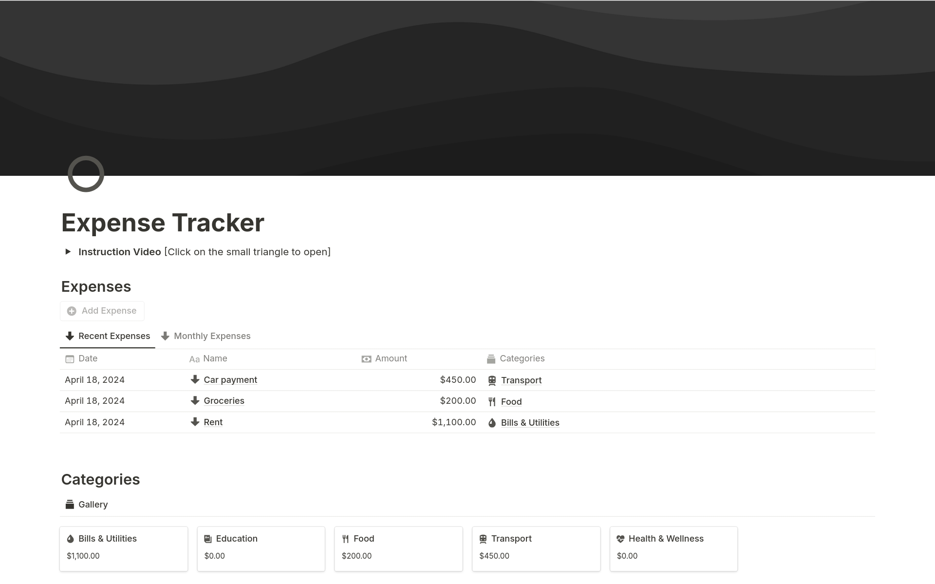 Vista previa de plantilla para Expense Tracker
