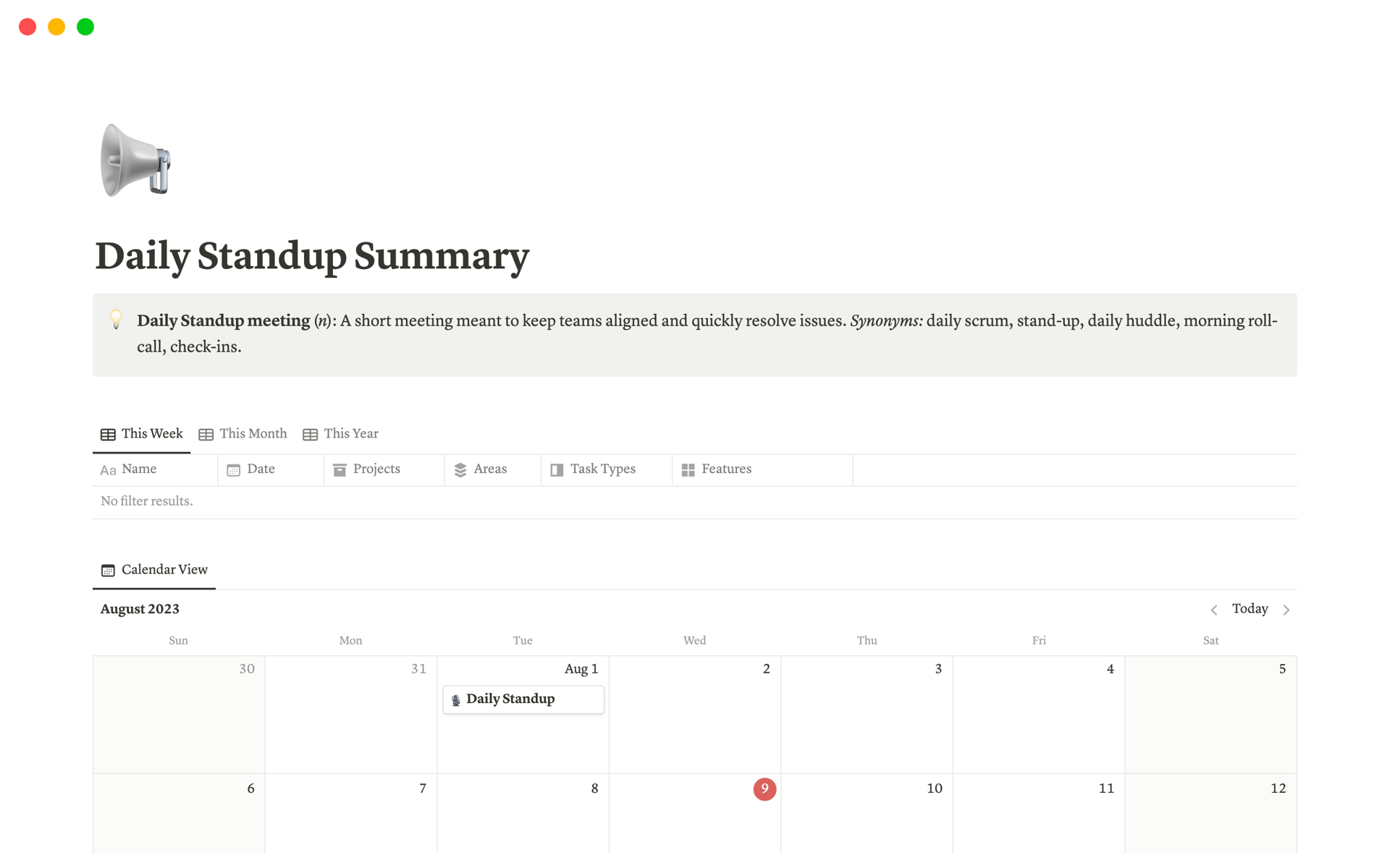 A template preview for Daily Standup Summary