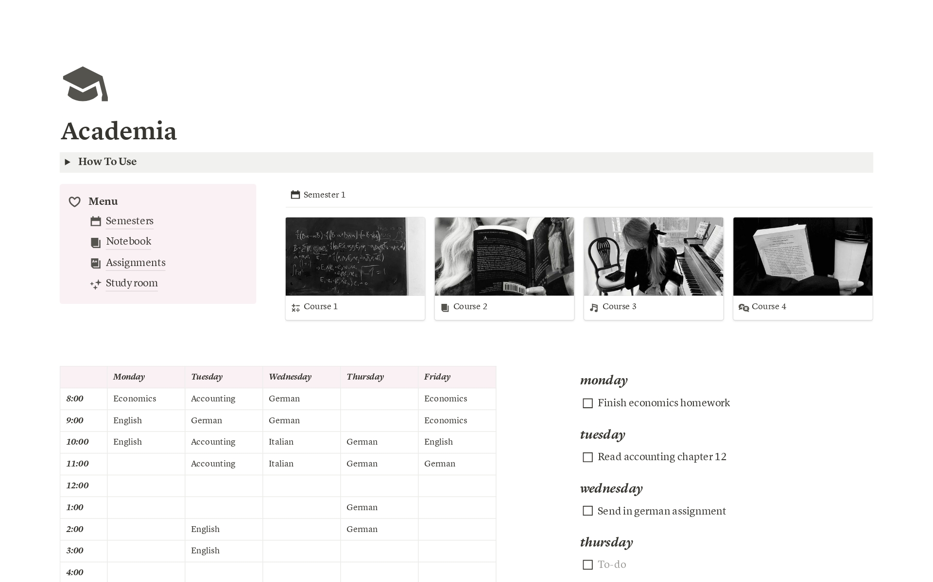 Organize your student life with a cute, but simple and functional, dashboard. Set goals and review your semesters. Keep track of your notes, assignments, and course-related information. Revise your notes and self-assess your mastery of the subject.