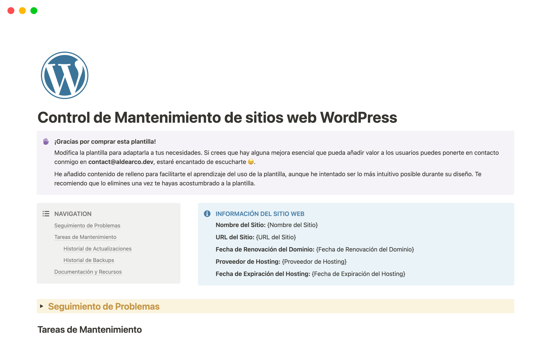 En forhåndsvisning av mal for Control de Mantenimiento de sitios web WordPress