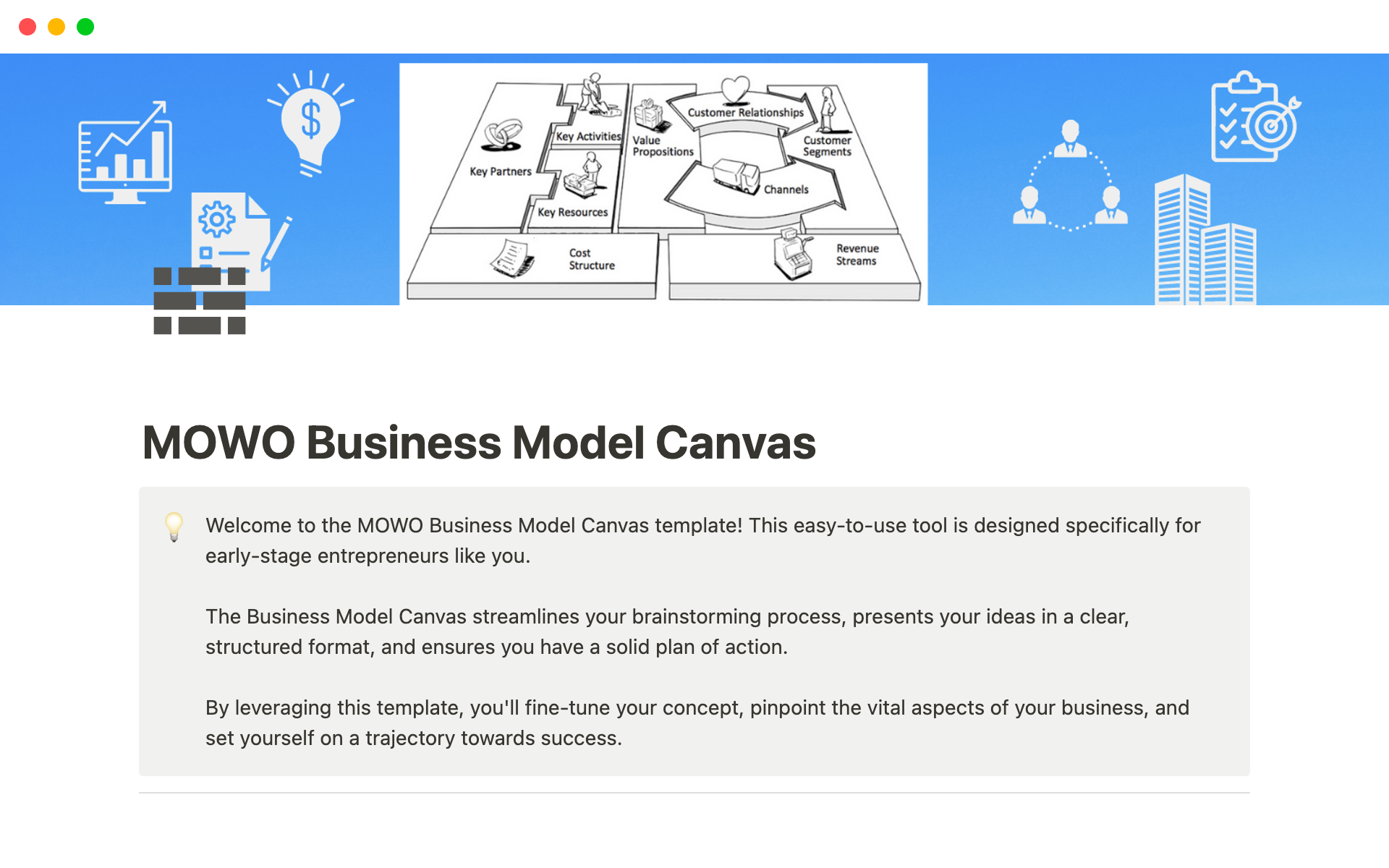The Notion Business Canvas Model Template helps aspiring and early-stage entrepreneurs structure and organize their business ideas using the widely accepted Business Model Canvas tool.