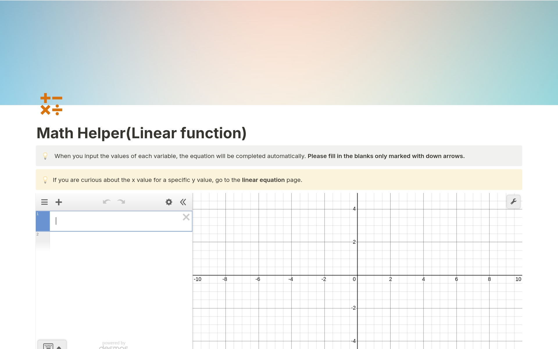 Vista previa de plantilla para Math Helper(Linear function)