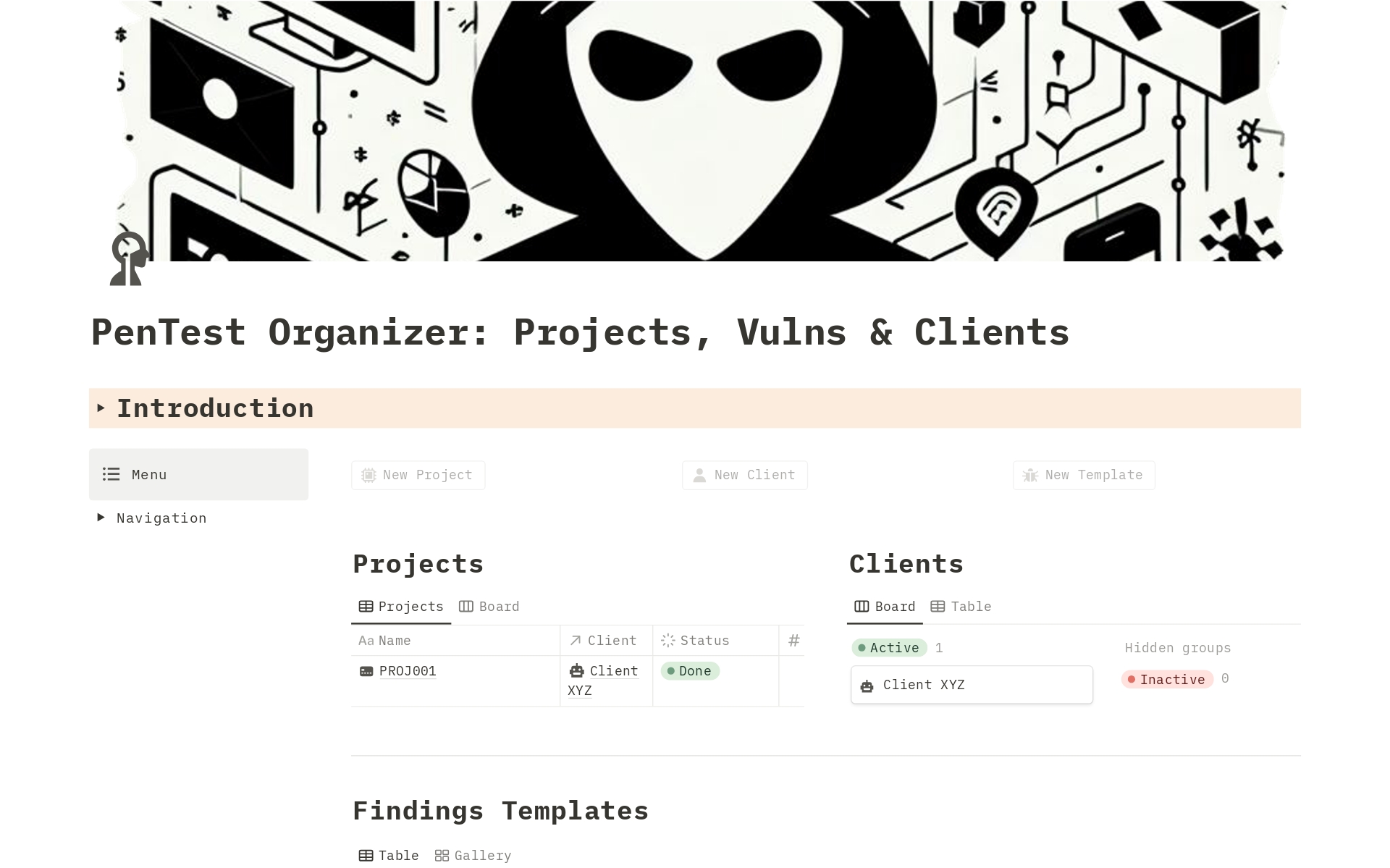 Uma prévia do modelo para PenTest Organizer: Projects, Vulns & Clients