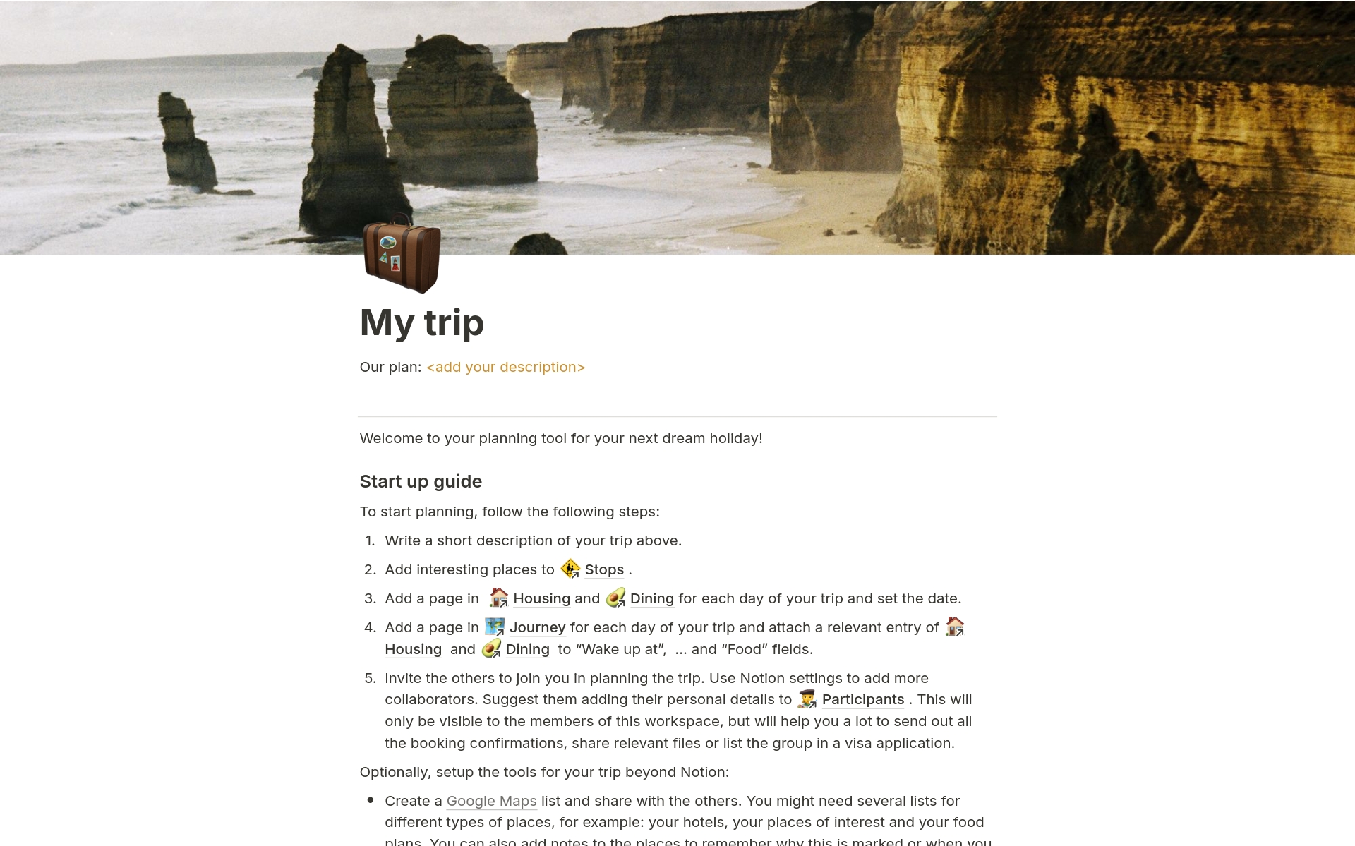 Day by day activities and stays planner with additional sections to plan a trip as a group.