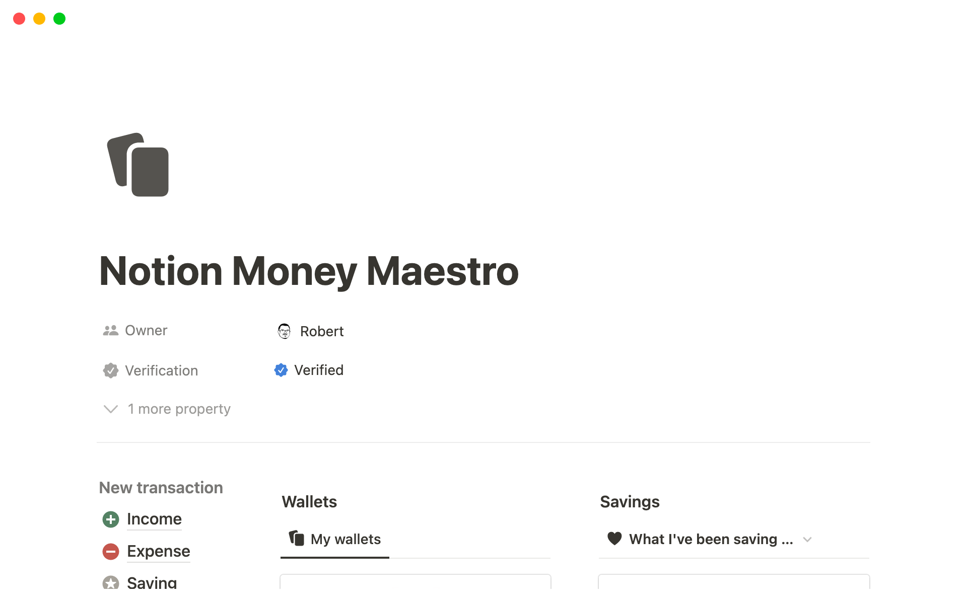 Aperçu du modèle de Notion Money Maestro