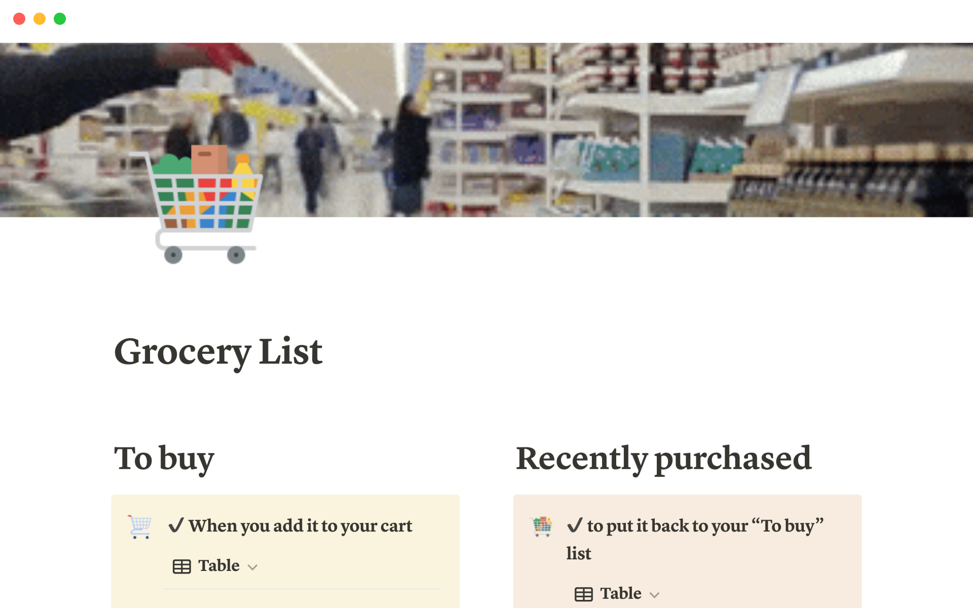 A template preview for Grocery list