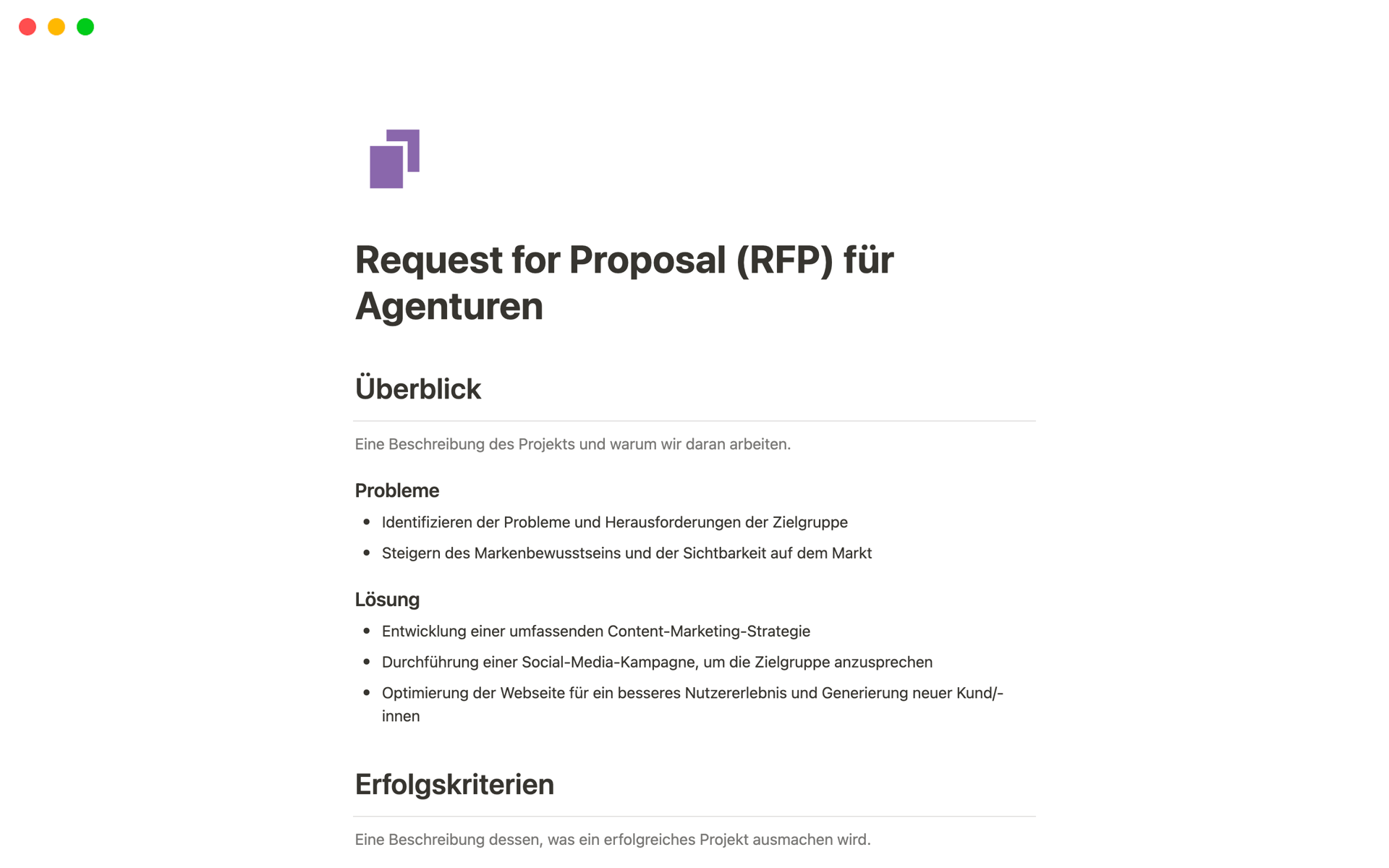 Eine Vorlagenvorschau für Request for Proposal (RFP) für Agenturen