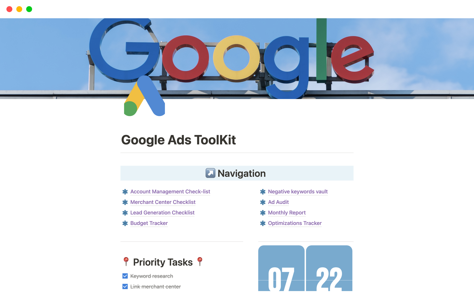 Eine Vorlagenvorschau für Google Ads ToolKit