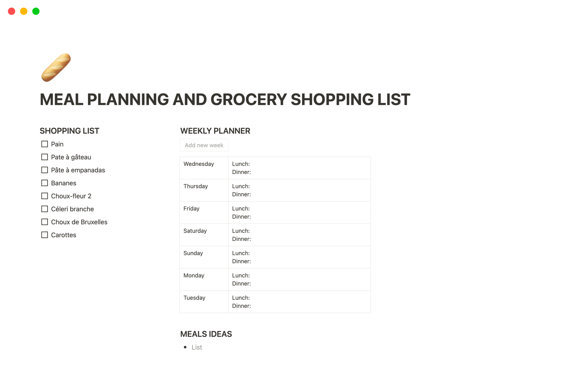 A template preview for Meal planning and grocery shopping list
