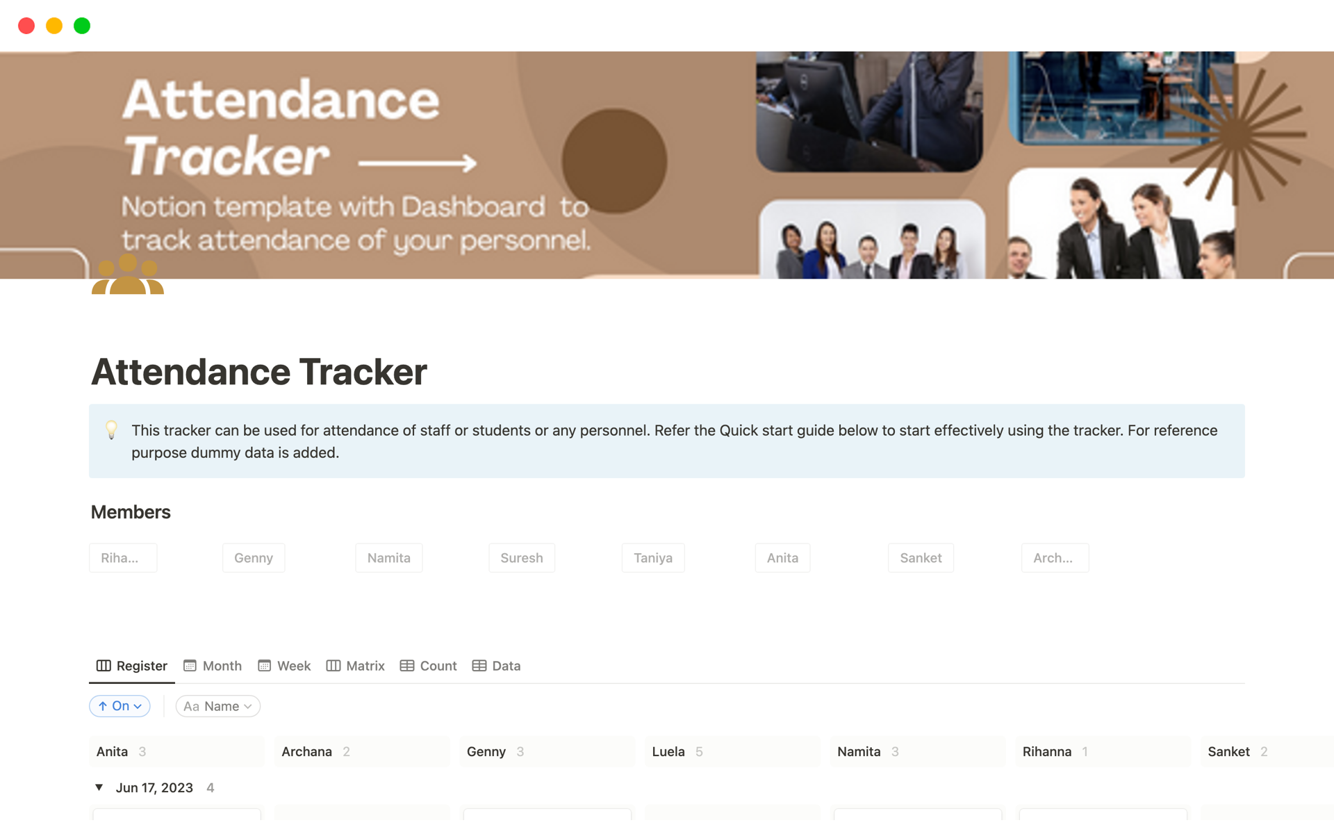 A template preview for Attendance Tracker