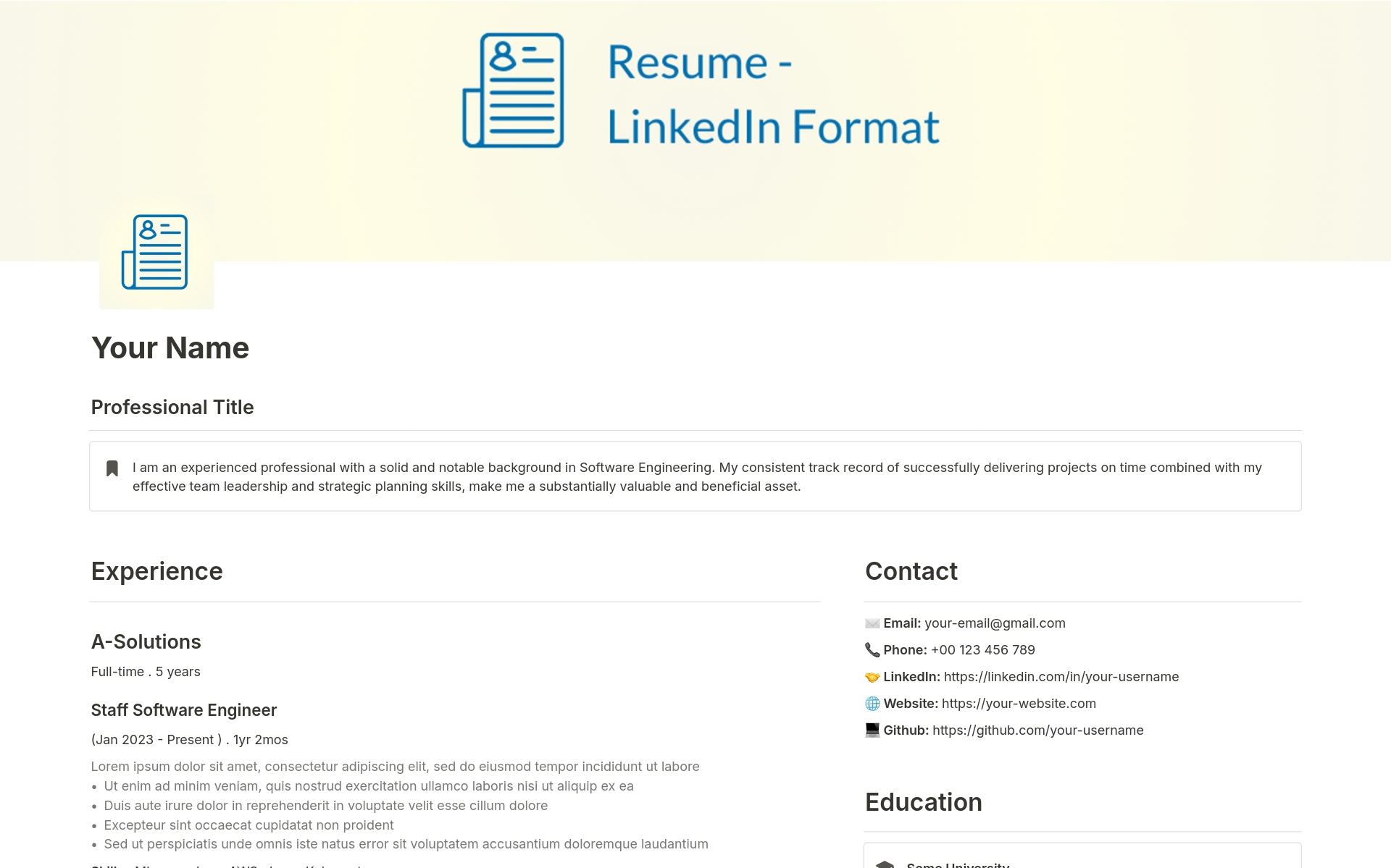 This comprehensive resume template is designed to mirror the professional layout and style of LinkedIn profiles. Perfect for showcasing your career highlights, skills, projects, achievements, and educational background, it offers a structured and visually appealing format.