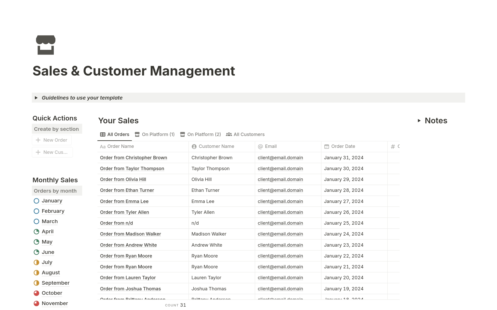 En forhåndsvisning av mal for Sales & Customer Management