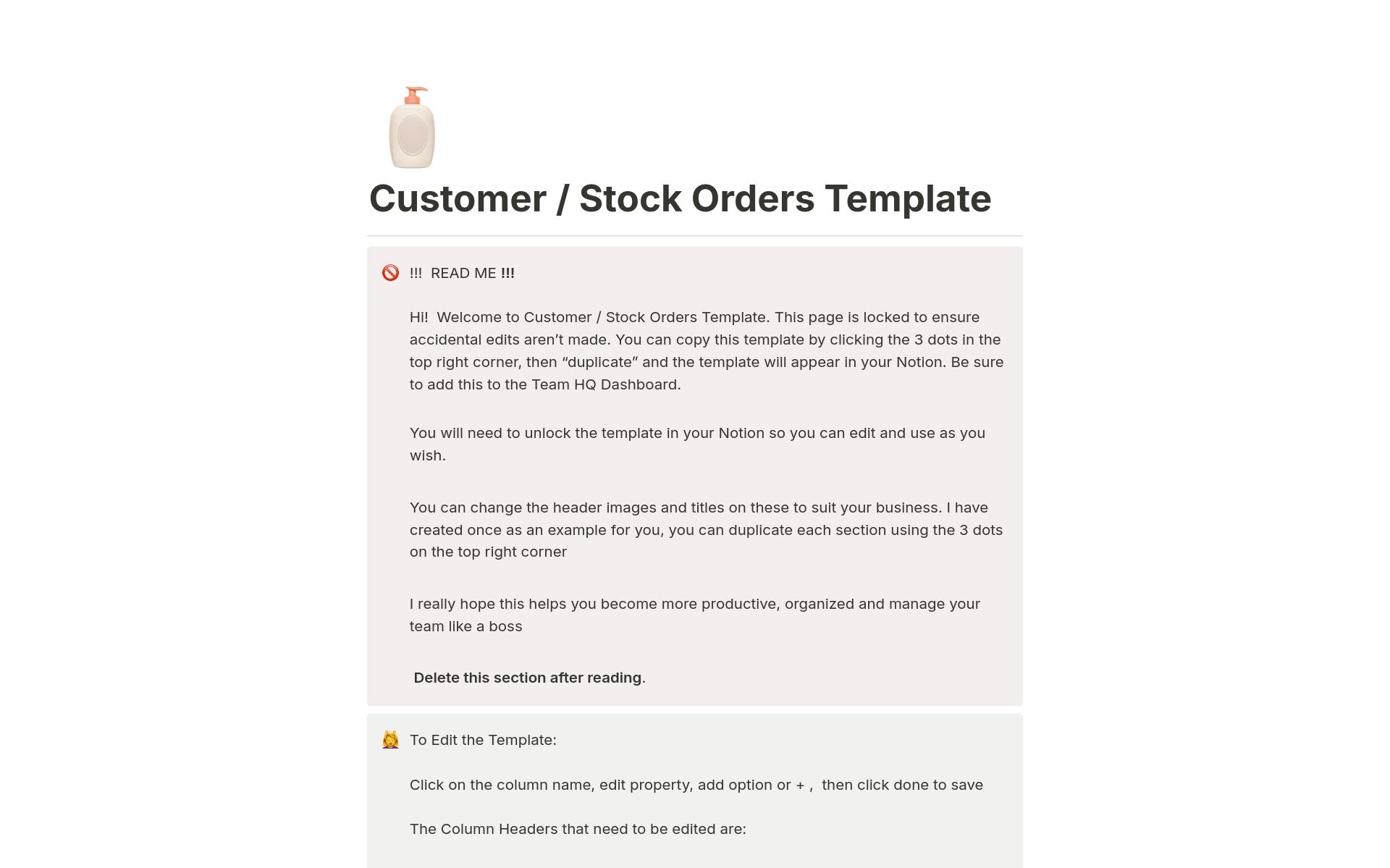 A template preview for Customer / Stock Orders